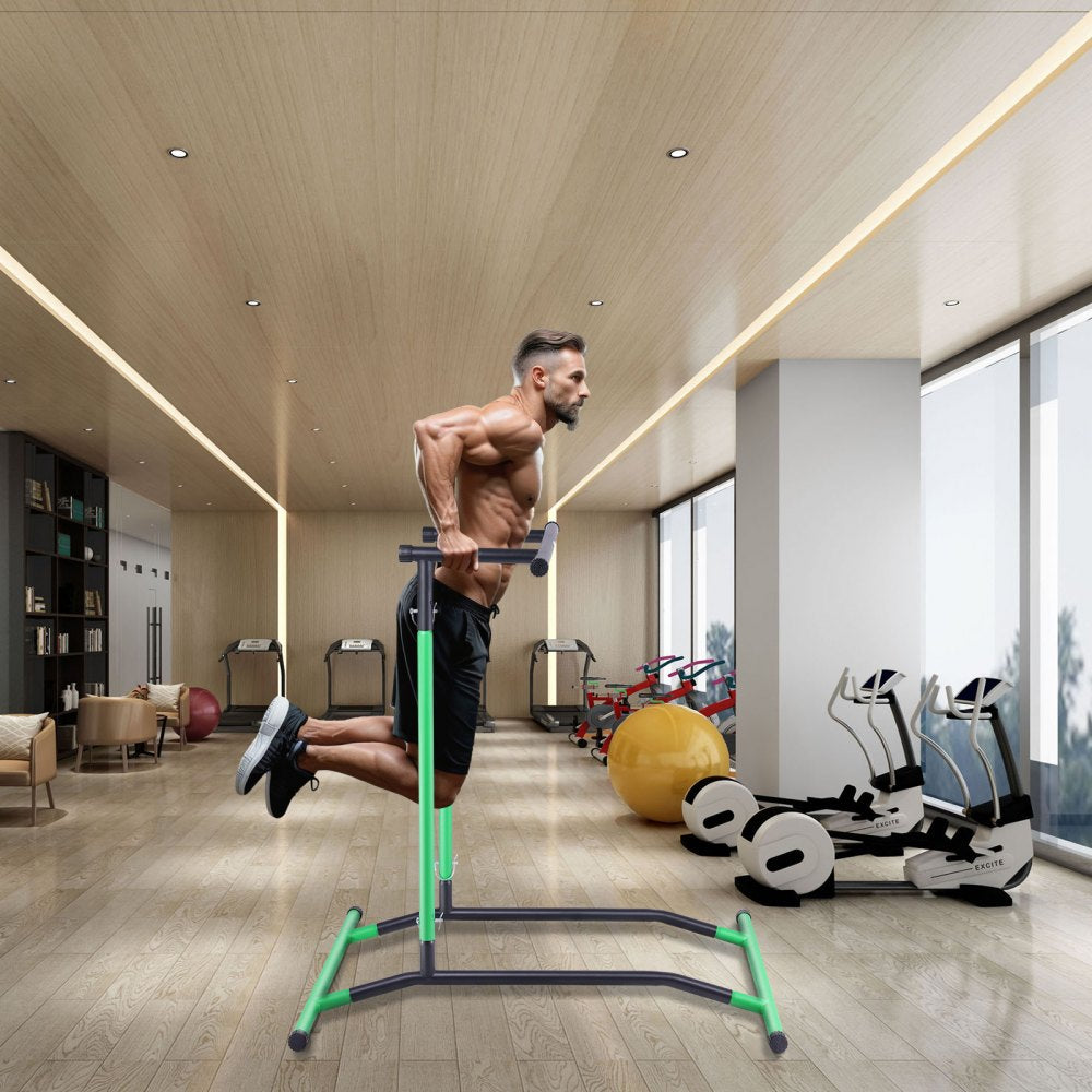 VEVOR Power Tower Dip Station, 2-Level Height Adjustable Pull Up Bar Stand, Multi-Function Strength Training Workout Equipment, Home Gym Fitness Dip Bar Station, 220LBS Weight Capacity, Black & Green 