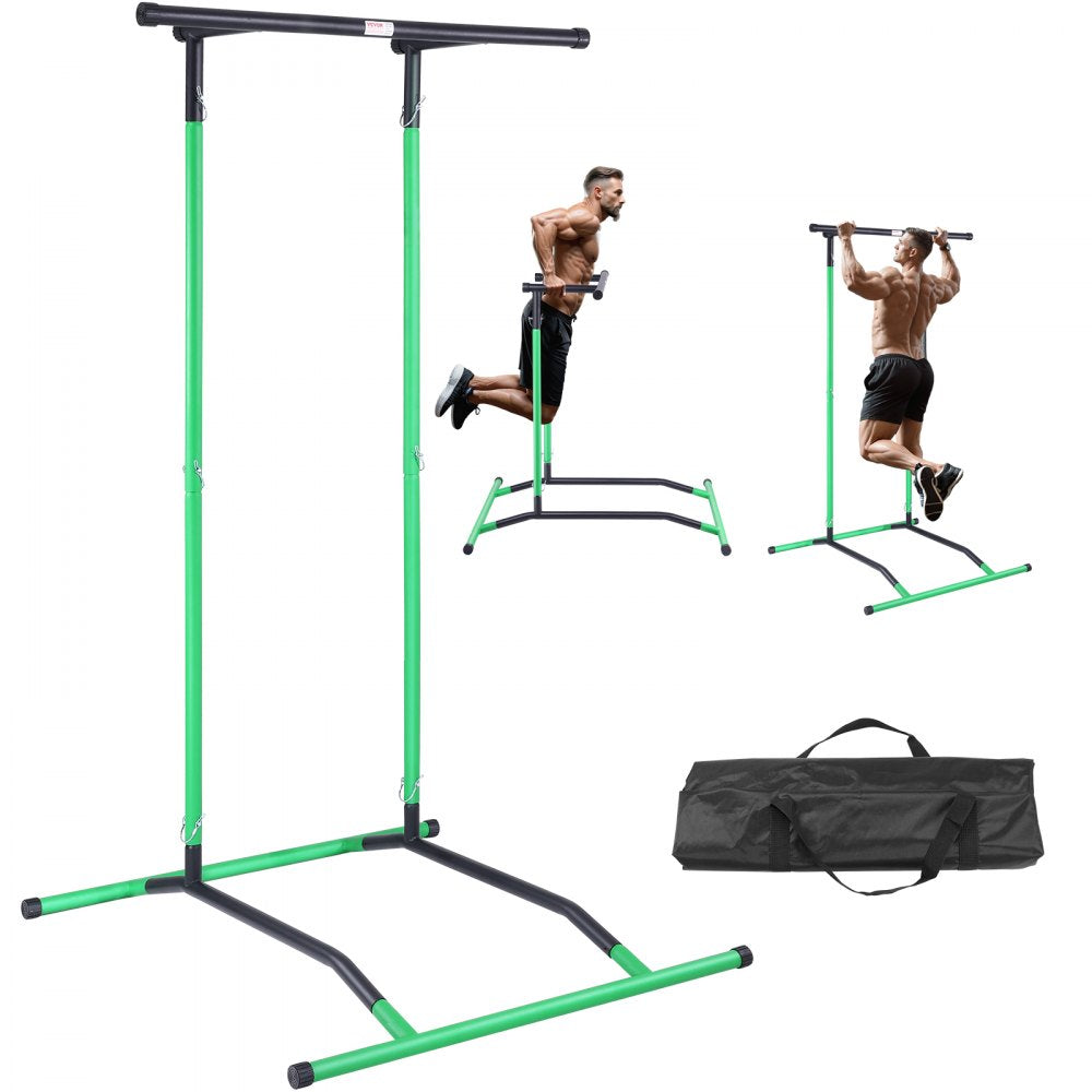 VEVOR Power Tower Dip Station, 2-Level Height Adjustable Pull Up Bar Stand, Multi-Function Strength Training Workout Equipment, Home Gym Fitness Dip Bar Station, 220LBS Weight Capacity, Black & Green 