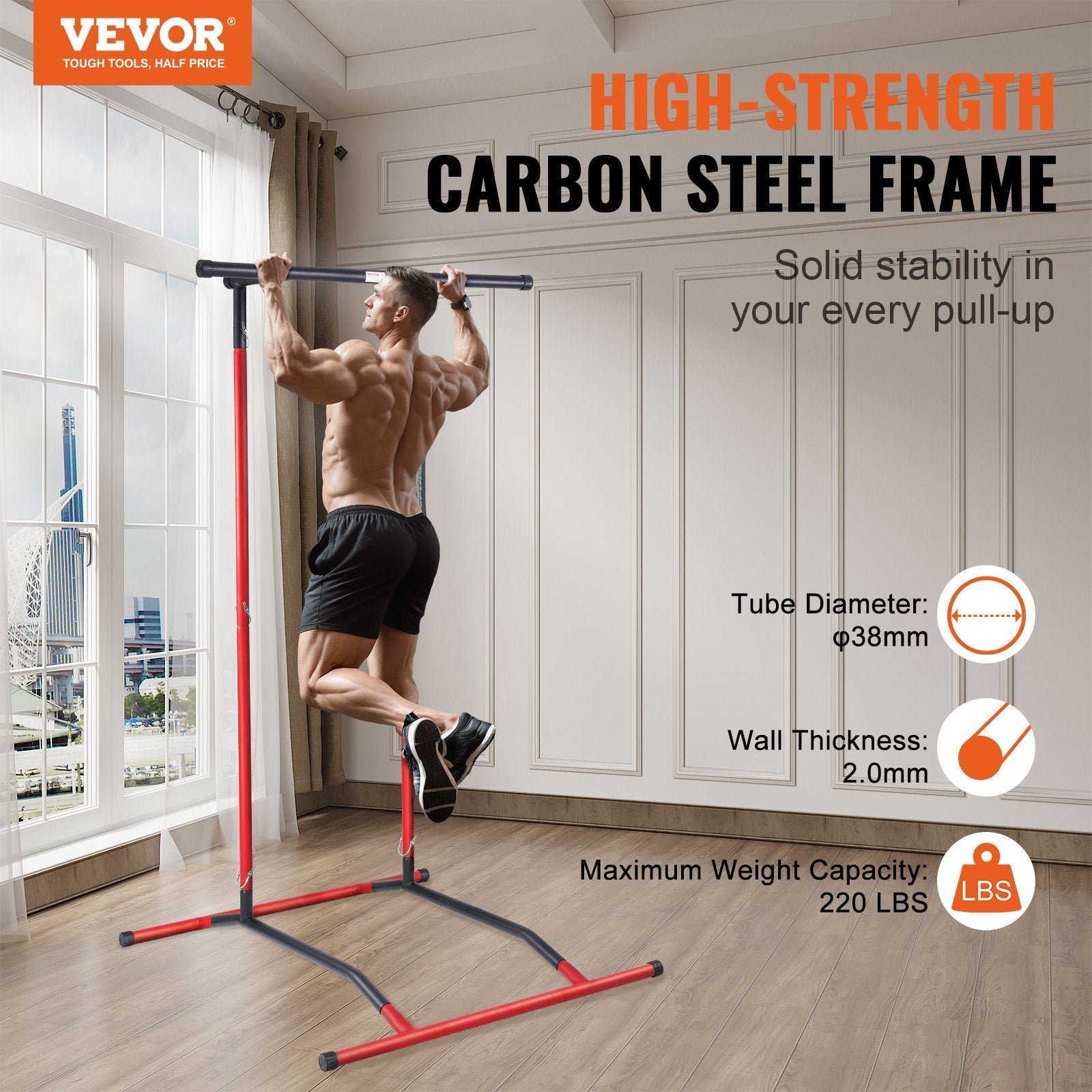 VEVOR Power Tower Dip Station, 2-Level Height Adjustable Pull Up Bar Stand, Multi-Function Strength Training Workout Equipment, Home Gym Fitness Dip Bar Station, 220LBS Weight Capacity, Black & Red 