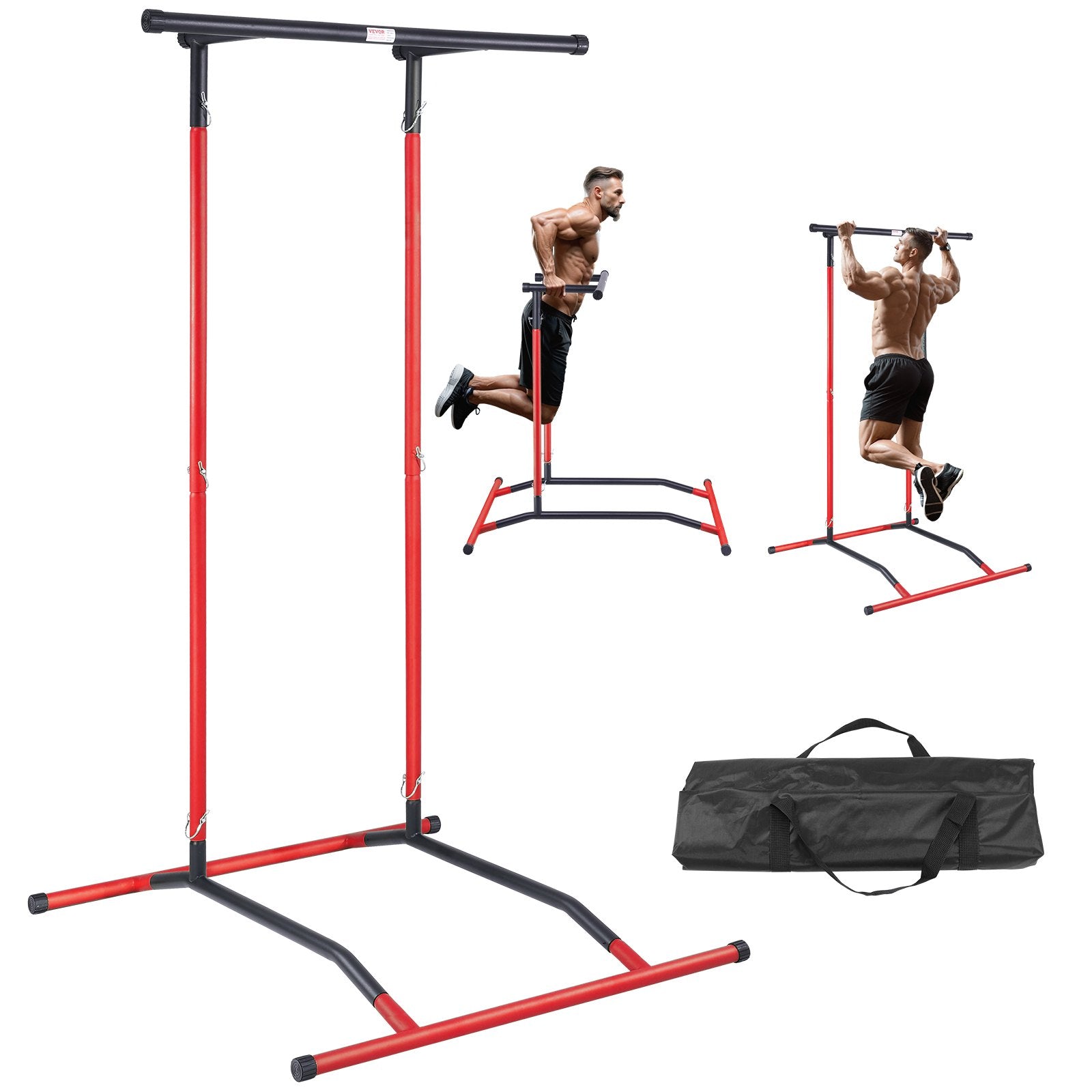 VEVOR Power Tower Dip Station, 2-Level Height Adjustable Pull Up Bar Stand, Multi-Function Strength Training Workout Equipment, Home Gym Fitness Dip Bar Station, 220LBS Weight Capacity, Black & Red 