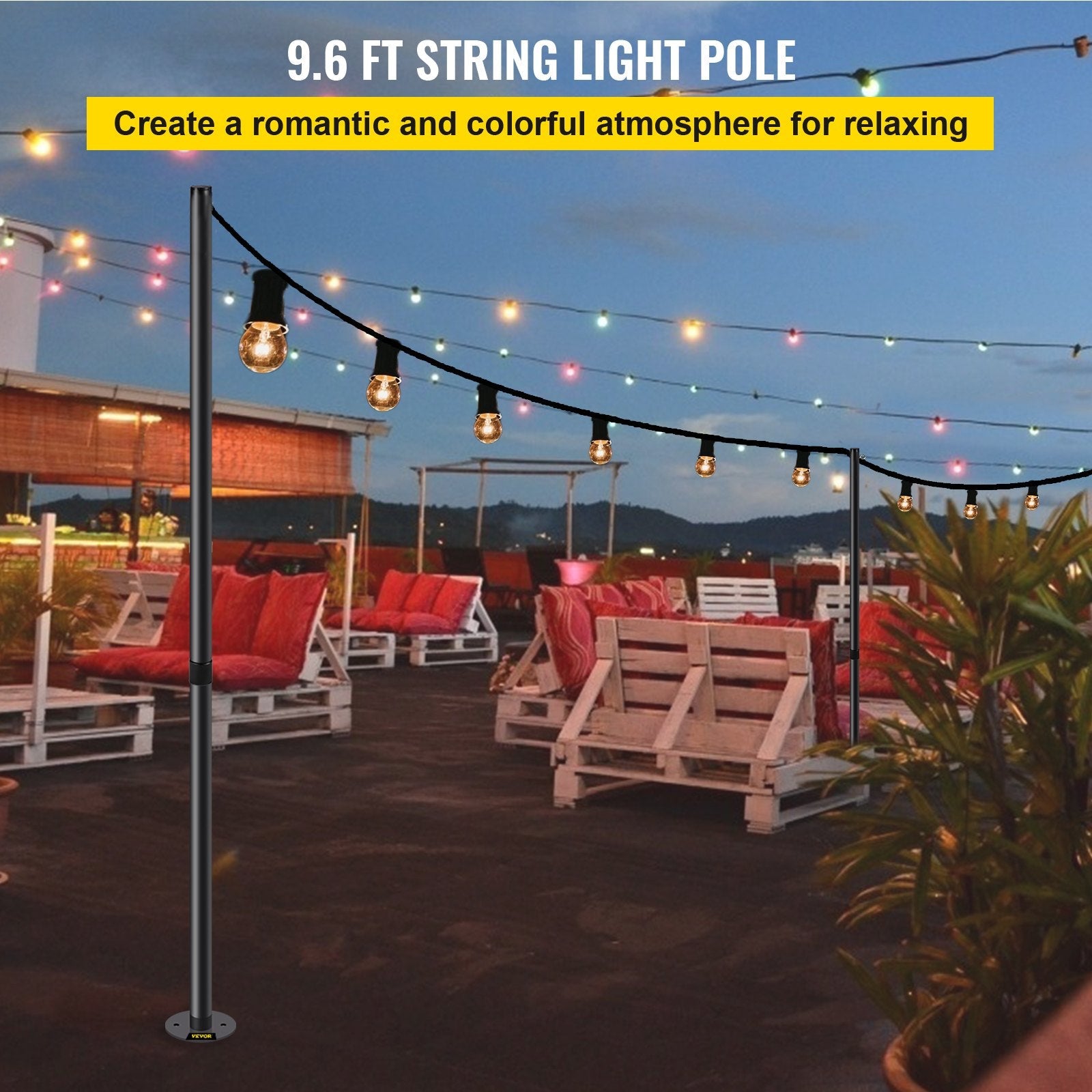 VEVOR String Light Pole, 9.6ft Light String Pole, 1.75in Patio Light Pole, Powder Coated Steel String Light Pole Stand for Outdoor, Metal String Poles with A Clamp Used for Yard, Patio, Wedding, Party 