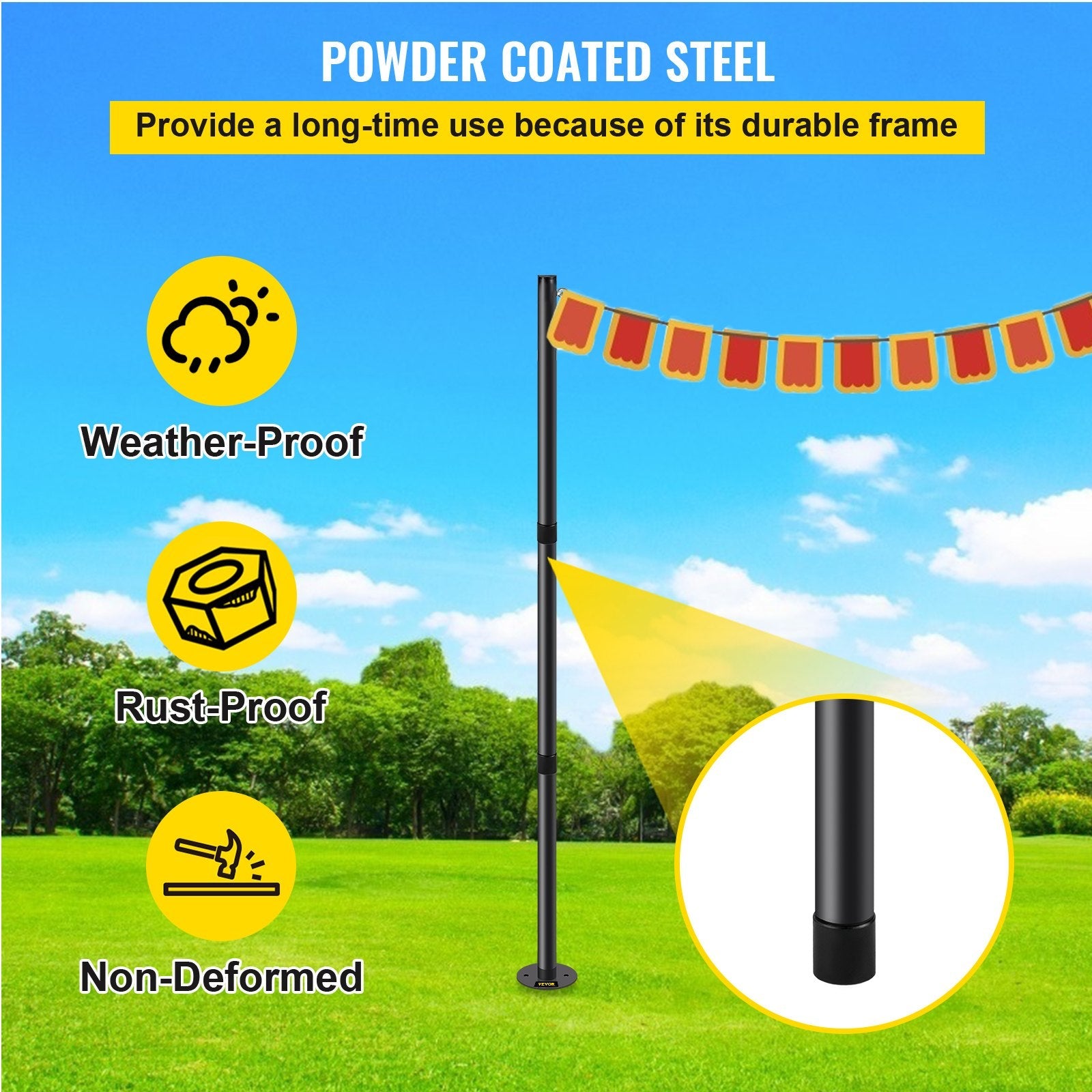 VEVOR String Light Pole, 9.6ft Light String Pole, 1.75in Patio Light Pole, Powder Coated Steel String Light Pole Stand for Outdoor, Metal String Poles with A Clamp Used for Yard, Patio, Wedding, Party 