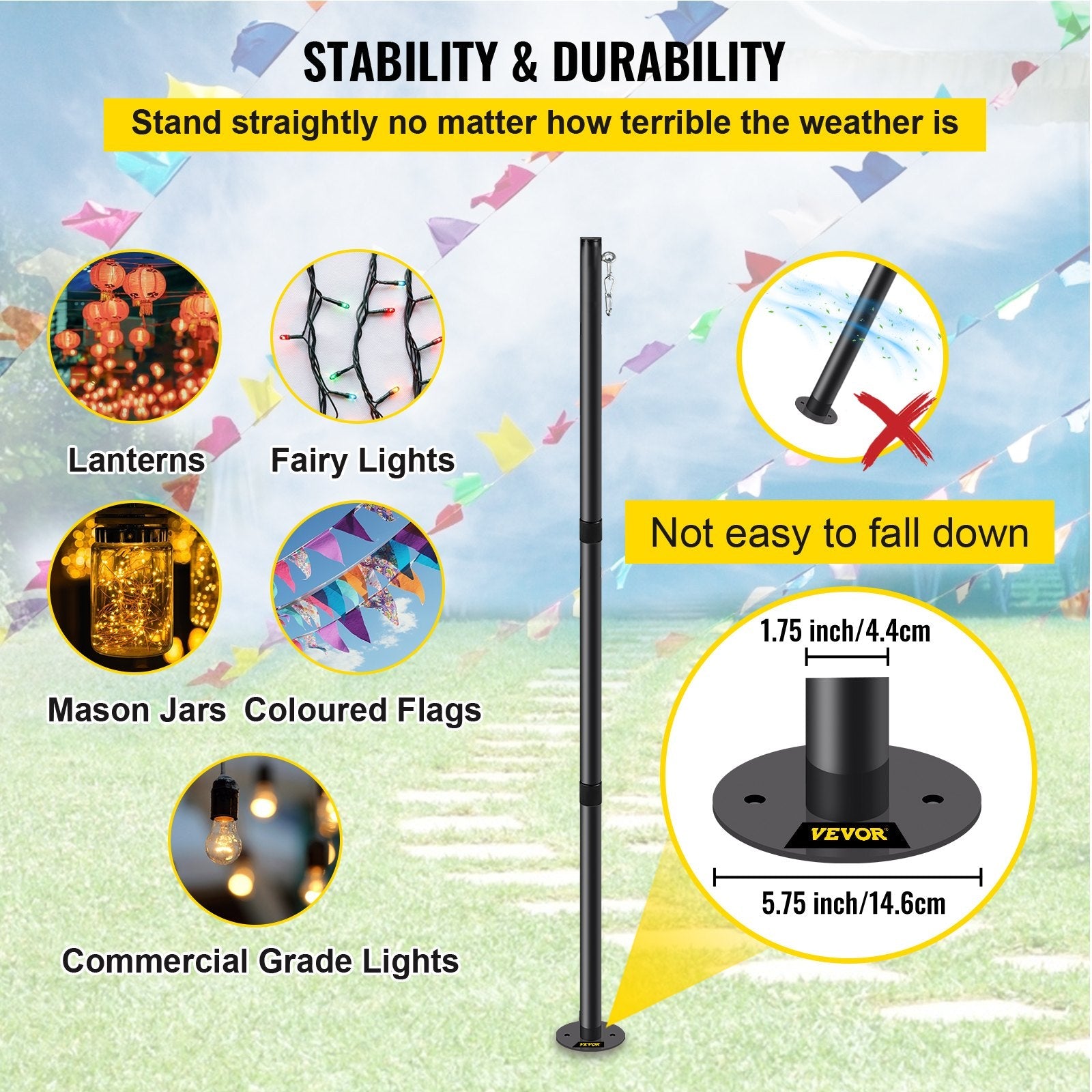 VEVOR String Light Pole, 9.6ft Light String Pole, 1.75in Patio Light Pole, Powder Coated Steel String Light Pole Stand for Outdoor, Metal String Poles with A Clamp Used for Yard, Patio, Wedding, Party 