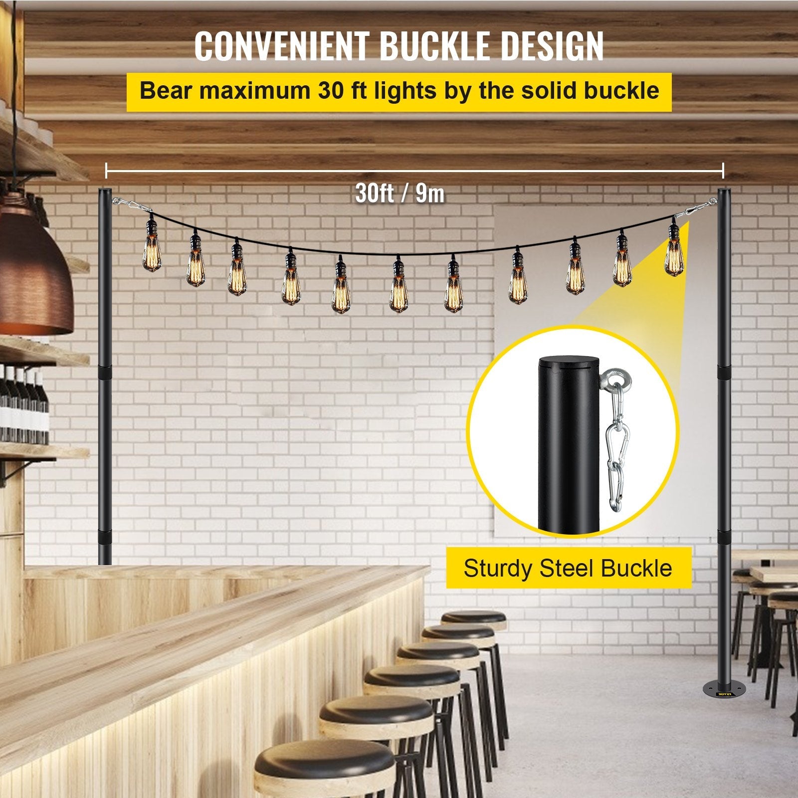 VEVOR String Light Pole, 9.6ft Light String Pole, 1.75in Patio Light Pole, Powder Coated Steel String Light Pole Stand for Outdoor, Metal String Poles with A Clamp Used for Yard, Patio, Wedding, Party 