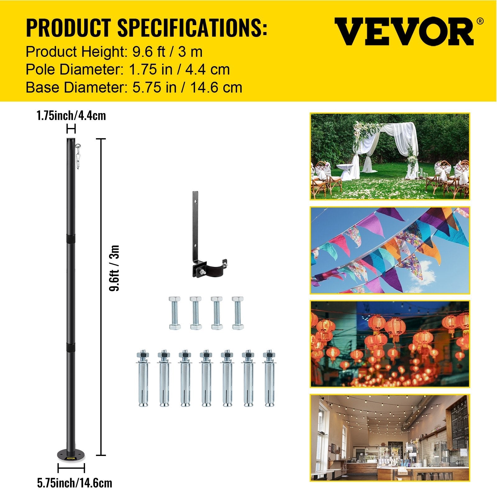 VEVOR String Light Pole, 9.6ft Light String Pole, 1.75in Patio Light Pole, Powder Coated Steel String Light Pole Stand for Outdoor, Metal String Poles with A Clamp Used for Yard, Patio, Wedding, Party 
