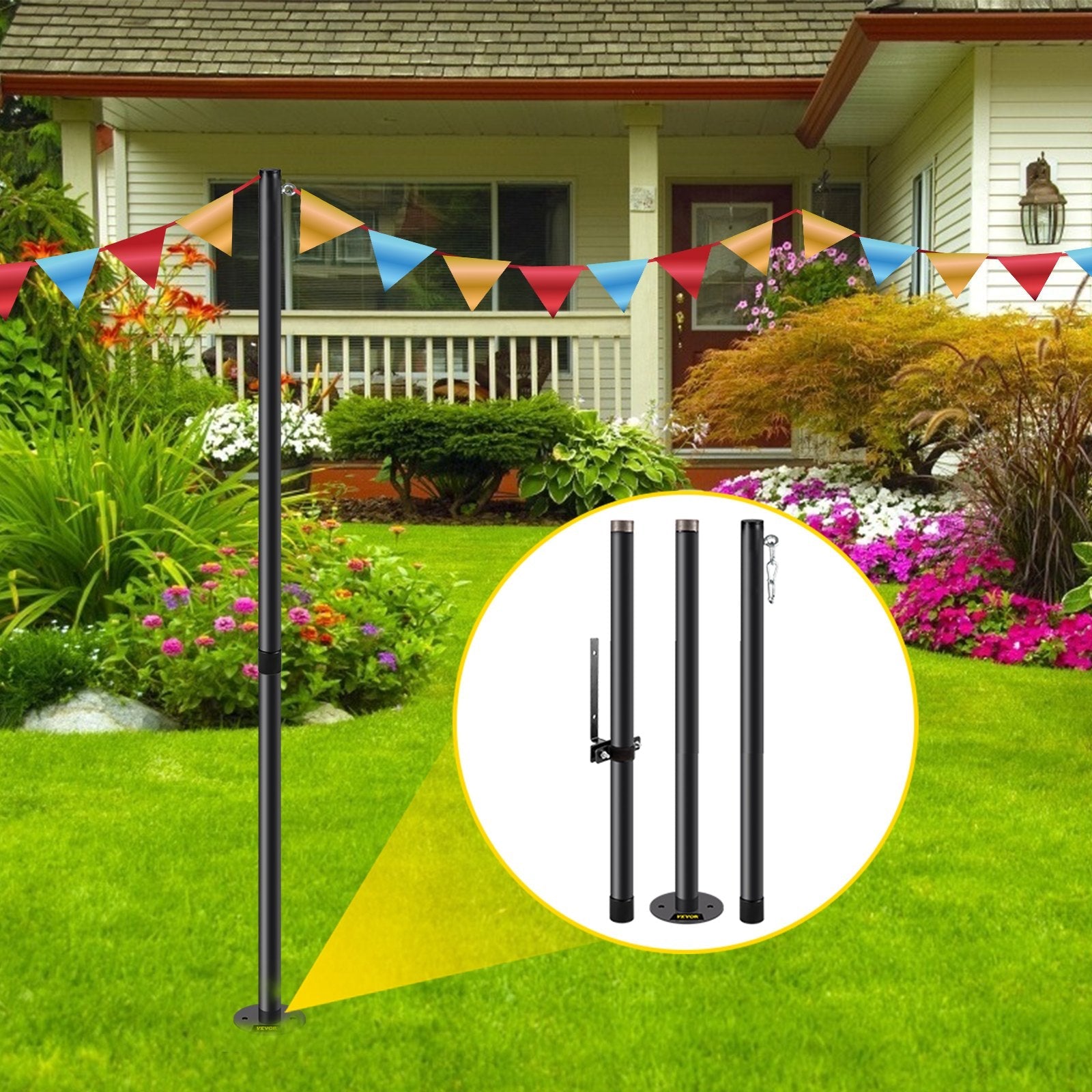 VEVOR String Light Pole, 9.6ft Light String Pole, 1.75in Patio Light Pole, Powder Coated Steel String Light Pole Stand for Outdoor, Metal String Poles with A Clamp Used for Yard, Patio, Wedding, Party 