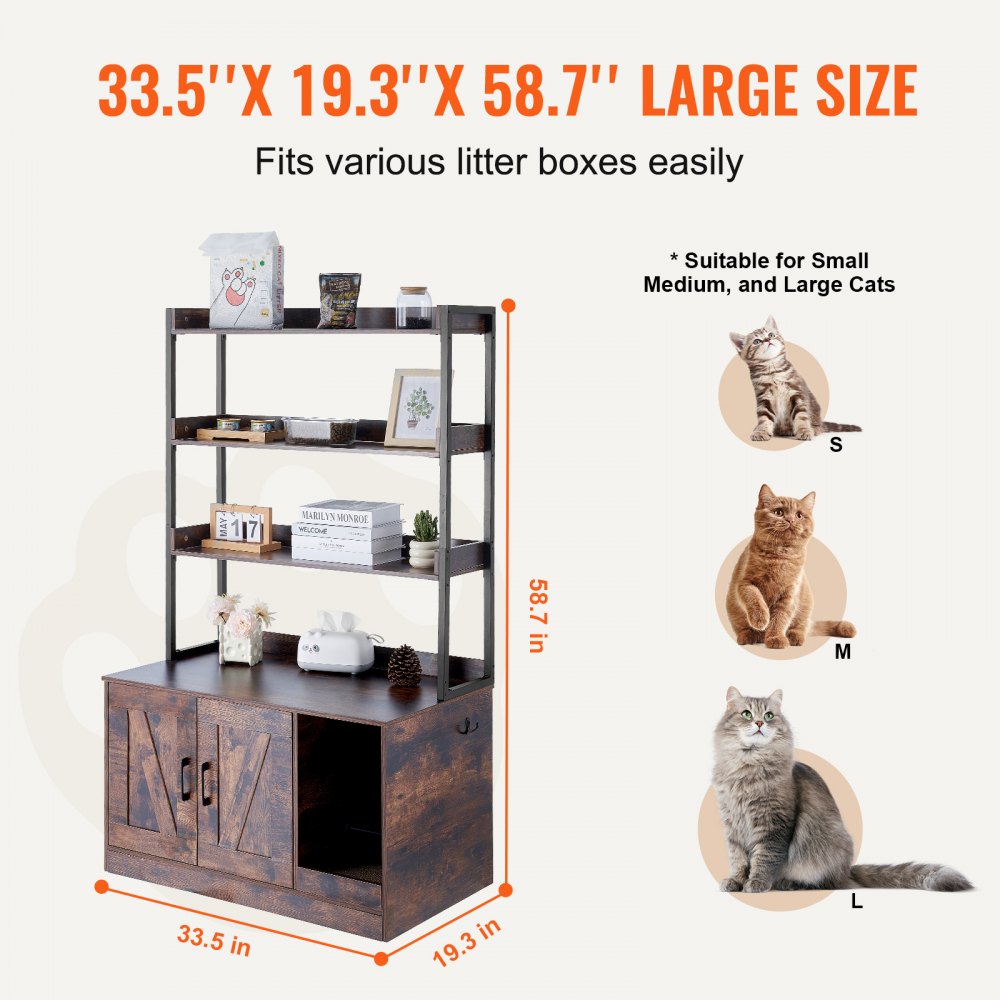 VEVOR Cat Litter Box Enclosure Wooden Litter Box Furniture Hidden with 3 Shelves 