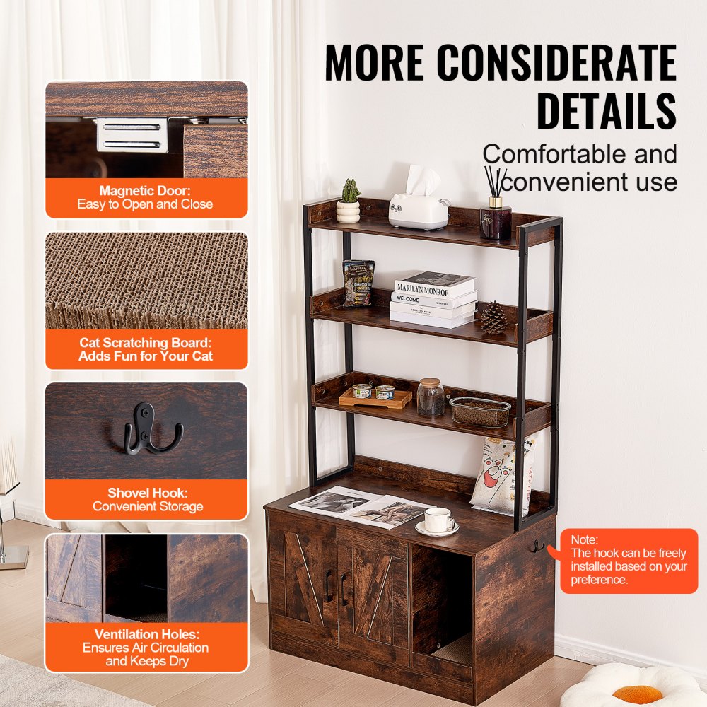 VEVOR Cat Litter Box Enclosure Wooden Litter Box Furniture Hidden with 3 Shelves 