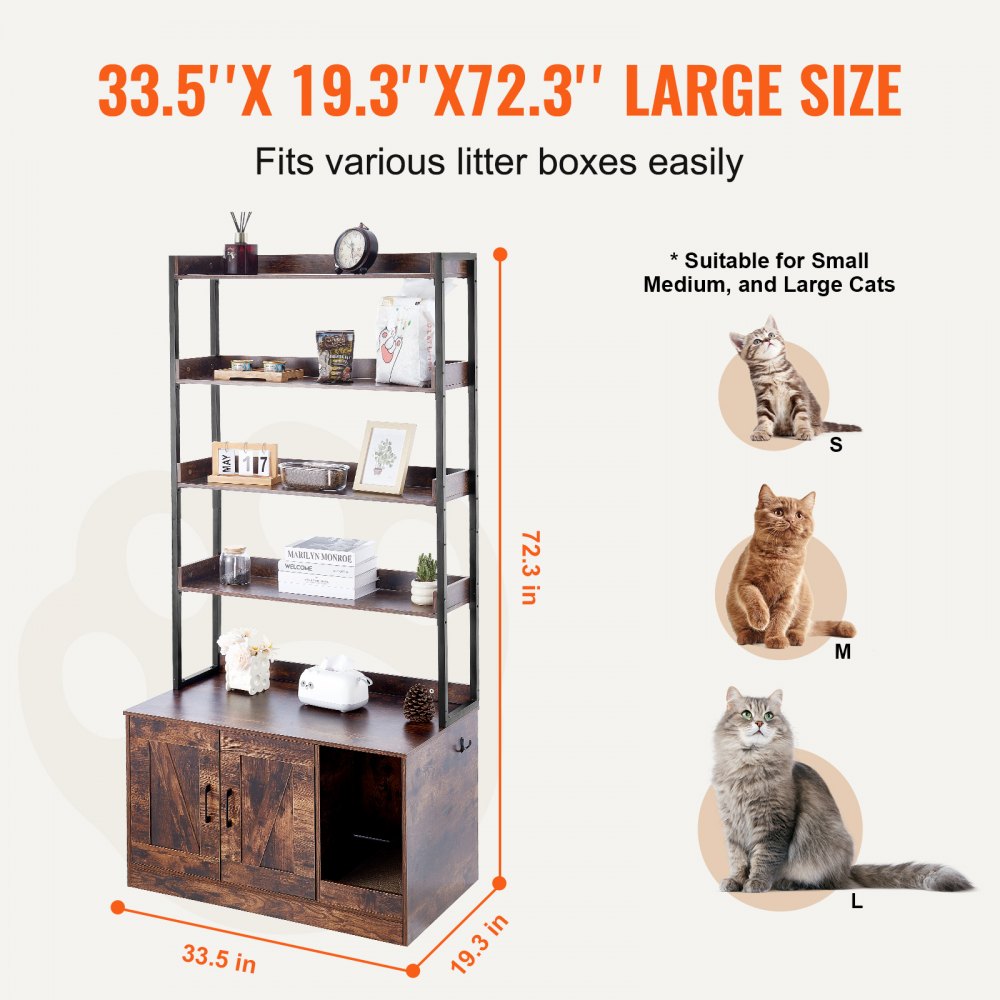 VEVOR Cat Litter Box Enclosure Wooden Litter Box Furniture Hidden with 4 Shelves 