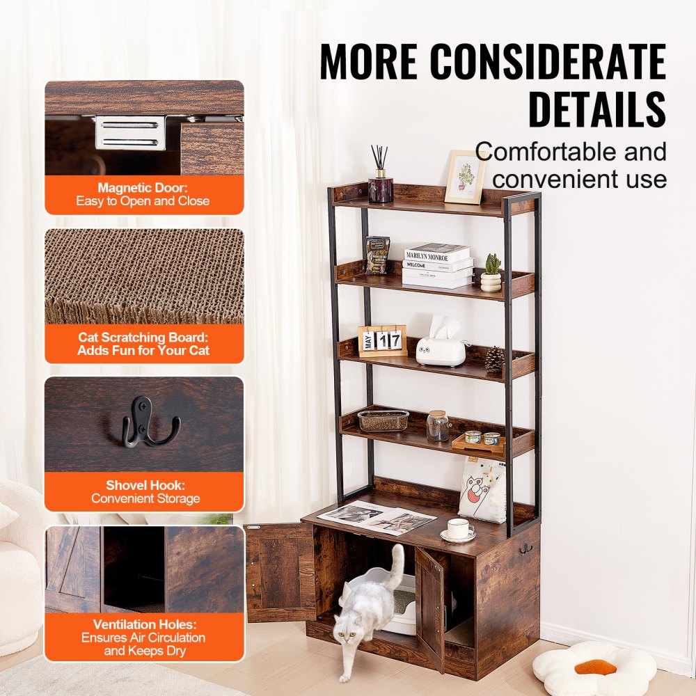 VEVOR Cat Litter Box Enclosure Wooden Litter Box Furniture Hidden with 4 Shelves 