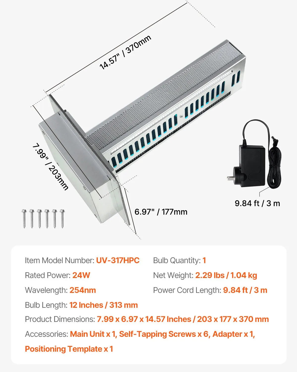 VEVOR HVAC Air Purifier Whole House 24W 12inch UV Light PCO Carbon Technology