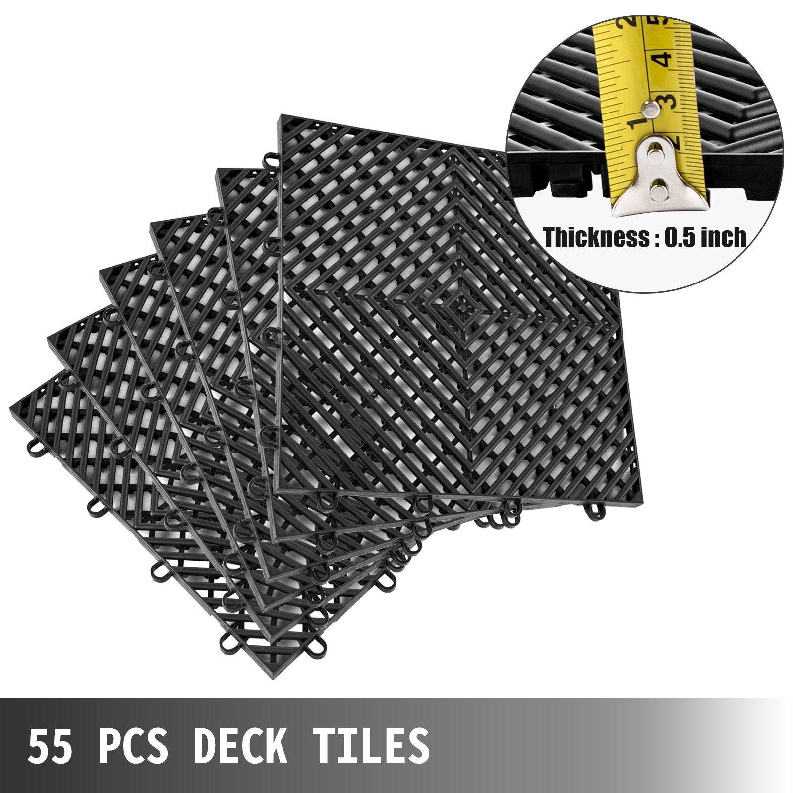 VEVOR Tiles Interlocking 55 PCS Black, Drainage Tiles 12x12x0.5 Inches, Deck Tiles Outdoor Floor Tiles, Outdoor Interlocking Tiles, Deck Flooring for Pool Shower Bathroom Deck Patio Garage 
