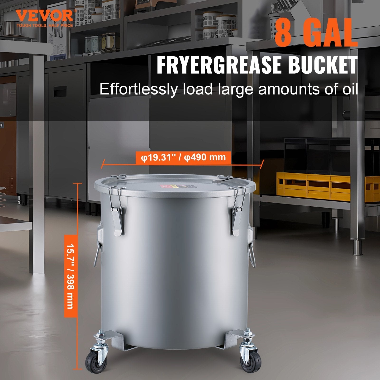 VEVOR Fryer Grease Bucket, 8 Gal Oil Disposal Caddy with Caster Base, Carbon Steel with Rust-Proof Coating, Oil Transport Container with Lid, Lock Clips, Filter Bag for Hot Cooking Oil Filtering, Gray 