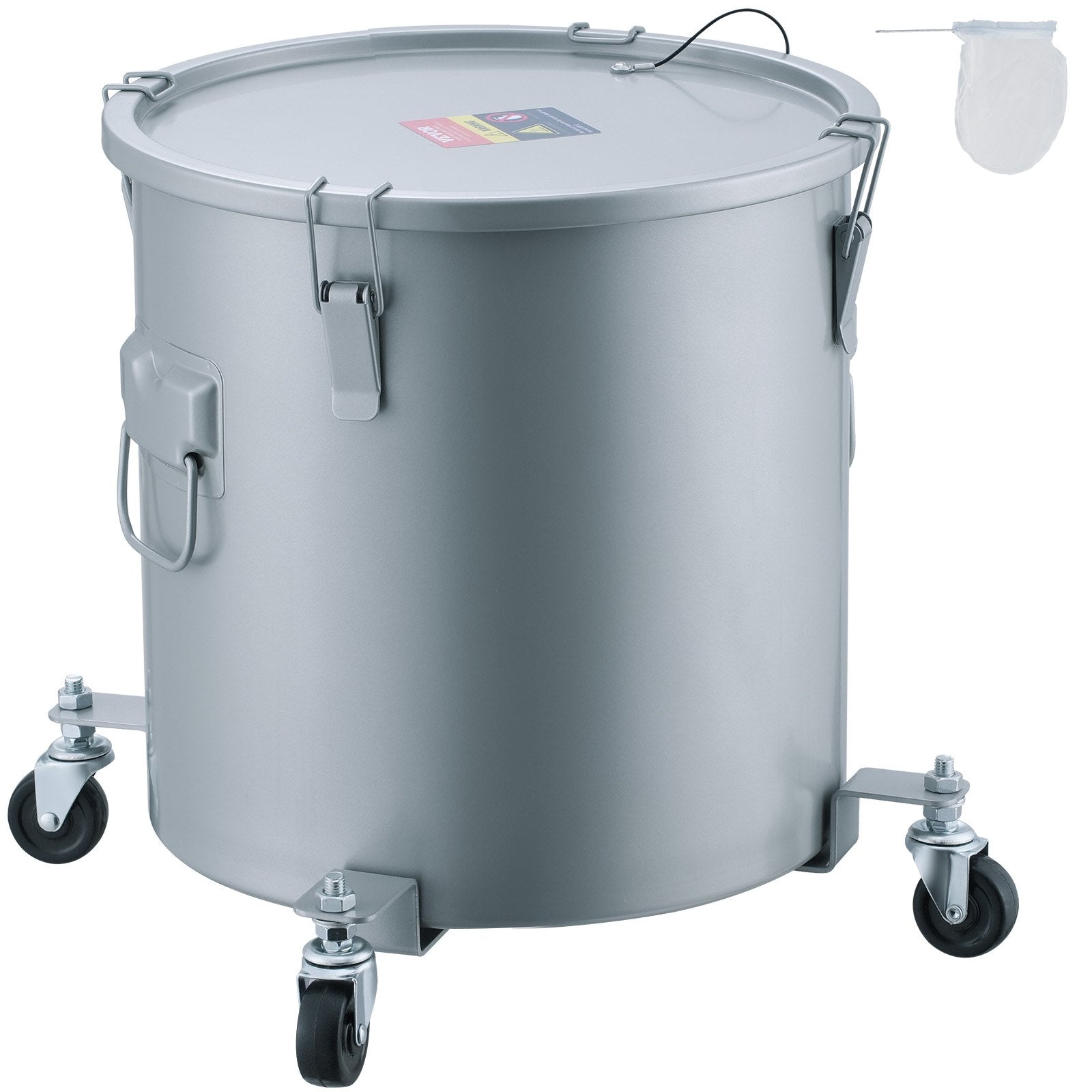 VEVOR Fryer Grease Bucket, 8 Gal Oil Disposal Caddy with Caster Base, Carbon Steel with Rust-Proof Coating, Oil Transport Container with Lid, Lock Clips, Filter Bag for Hot Cooking Oil Filtering, Gray 