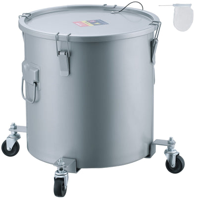 VEVOR Fryer Grease Bucket, 8 Gal Oil Disposal Caddy with Caster Base, Carbon Steel with Rust-Proof Coating, Oil Transport Container with Lid, Lock Clips, Filter Bag for Hot Cooking Oil Filtering, Gray 
