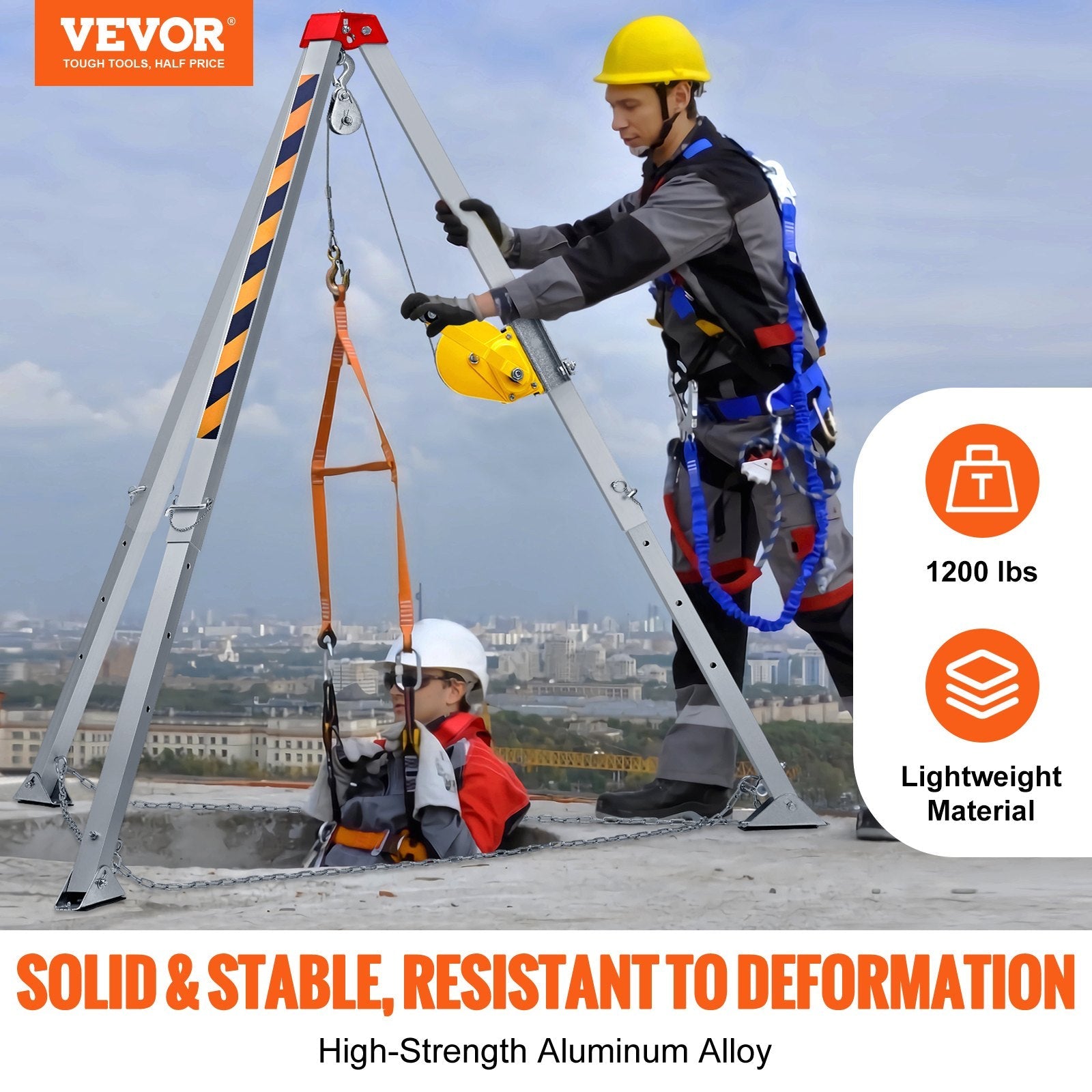 VEVOR Confined Space Tripod Kit, 1200 lbs Winch, Confined Space Tripod 7' Legs and 98' Cable, Confined Space Rescue Tripod 32.8' Fall Protection, Harness, Storage Bag for Traditional Confined Spaces 
