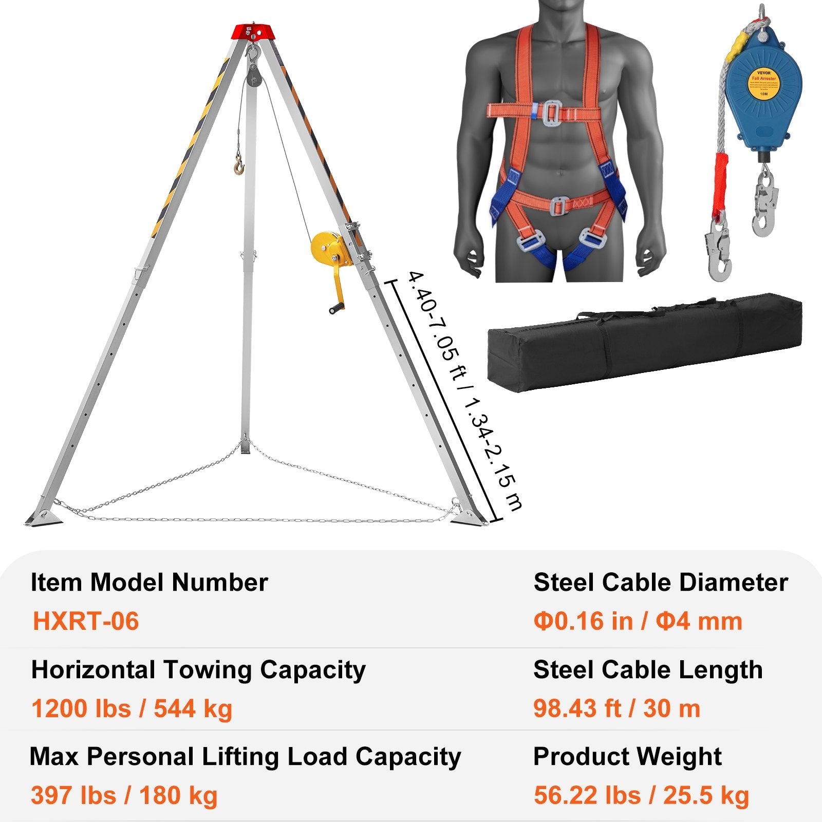 VEVOR Confined Space Tripod Kit, 1200 lbs Winch, Confined Space Tripod 7' Legs and 98' Cable, Confined Space Rescue Tripod 32.8' Fall Protection, Harness, Storage Bag for Traditional Confined Spaces 