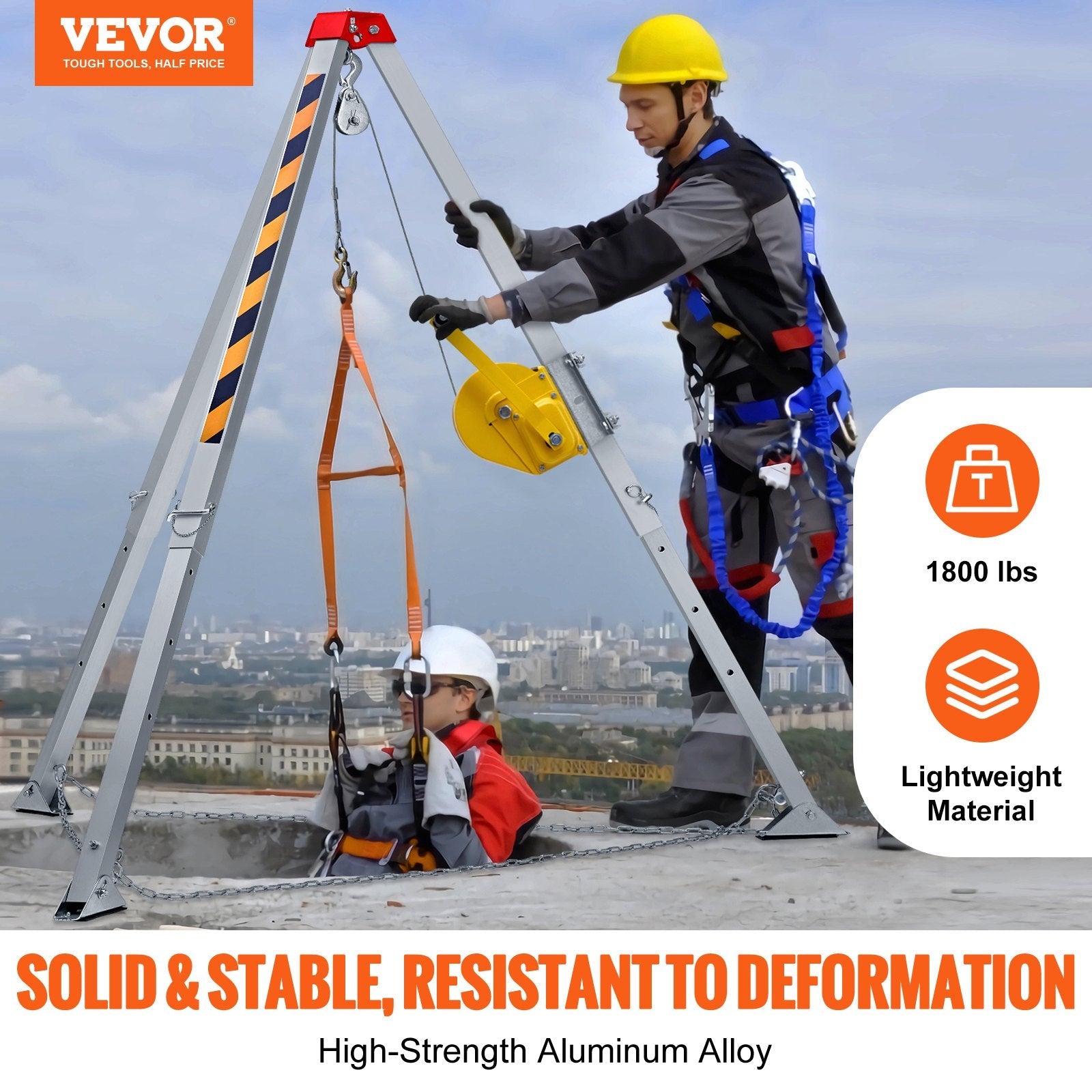VEVOR Confined Space Tripod Kit, 1800 lbs Winch, Confined Space Tripod 7' Legs and 98' Cable, Confined Space Rescue Tripod 32.8' Fall Protection, Harness, Storage Bag for Traditional Confined Spaces 