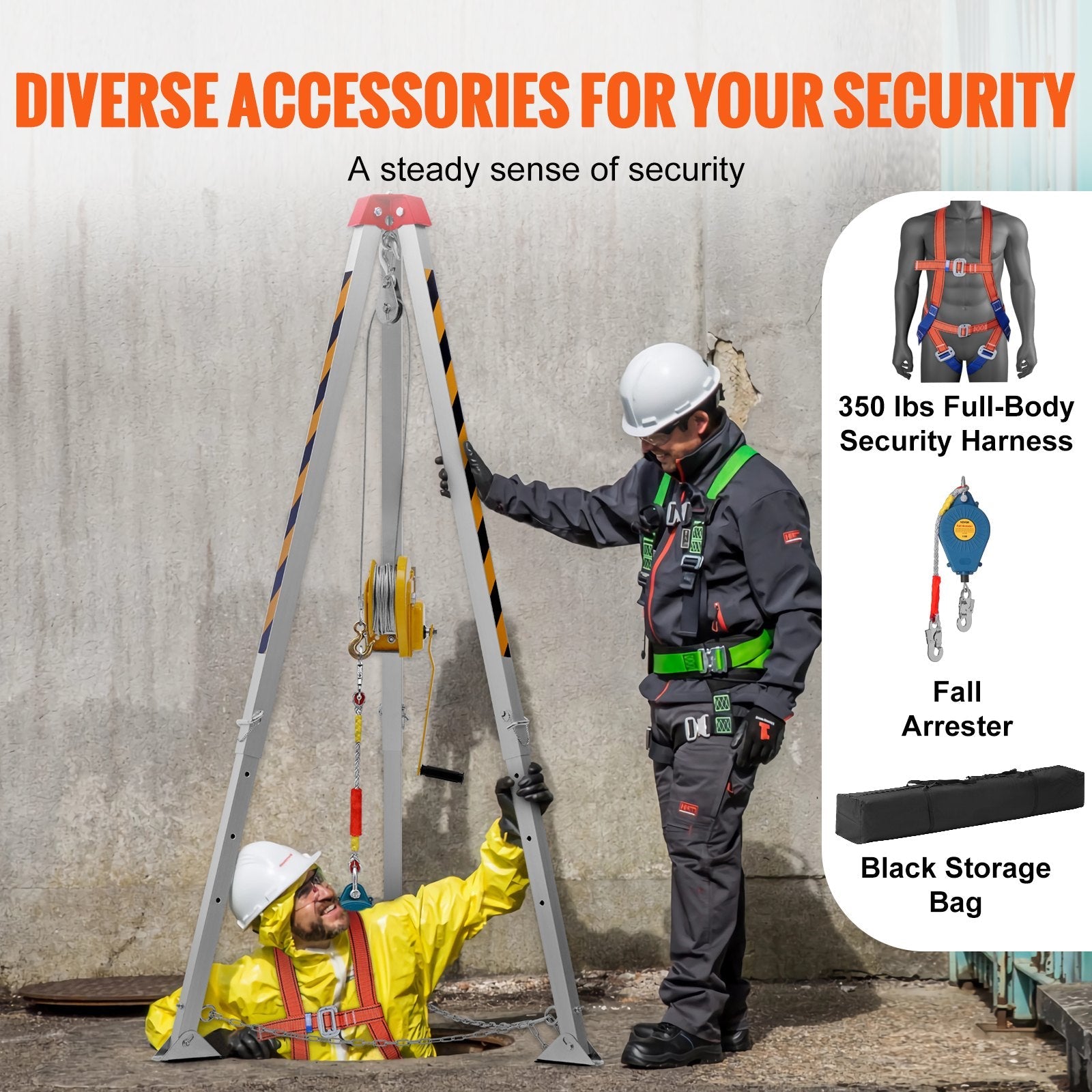 VEVOR Confined Space Tripod Kit, 1800 lbs Winch, Confined Space Tripod 7' Legs and 98' Cable, Confined Space Rescue Tripod 32.8' Fall Protection, Harness, Storage Bag for Traditional Confined Spaces 
