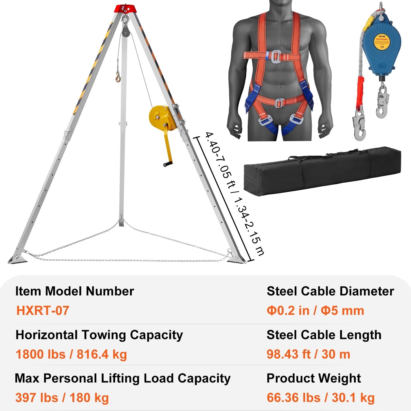 VEVOR Confined Space Tripod Kit, 1800 lbs Winch, Confined Space Tripod 7' Legs and 98' Cable, Confined Space Rescue Tripod 32.8' Fall Protection, Harness, Storage Bag for Traditional Confined Spaces 