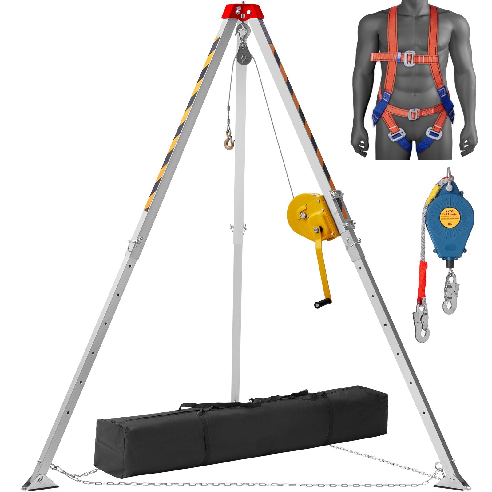 VEVOR Confined Space Tripod Kit, 1800 lbs Winch, Confined Space Tripod 7' Legs and 98' Cable, Confined Space Rescue Tripod 32.8' Fall Protection, Harness, Storage Bag for Traditional Confined Spaces 