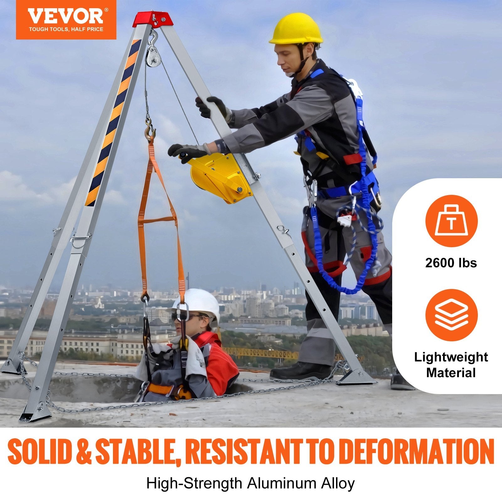 VEVOR Confined Space Tripod Kit, 2600 lbs Winch, Confined Space Tripod 8' Legs and 98' Cable, Confined Space Rescue Tripod 32.8' Fall Protection, Harness, Storage Bag for Traditional Confined Spaces 