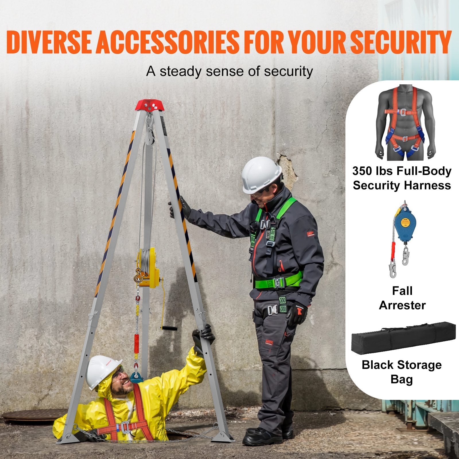 VEVOR Confined Space Tripod Kit, 2600 lbs Winch, Confined Space Tripod 8' Legs and 98' Cable, Confined Space Rescue Tripod 32.8' Fall Protection, Harness, Storage Bag for Traditional Confined Spaces 