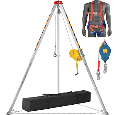 VEVOR Confined Space Tripod Kit, 2600 lbs Winch, Confined Space Tripod 8' Legs and 98' Cable, Confined Space Rescue Tripod 32.8' Fall Protection, Harness, Storage Bag for Traditional Confined Spaces 