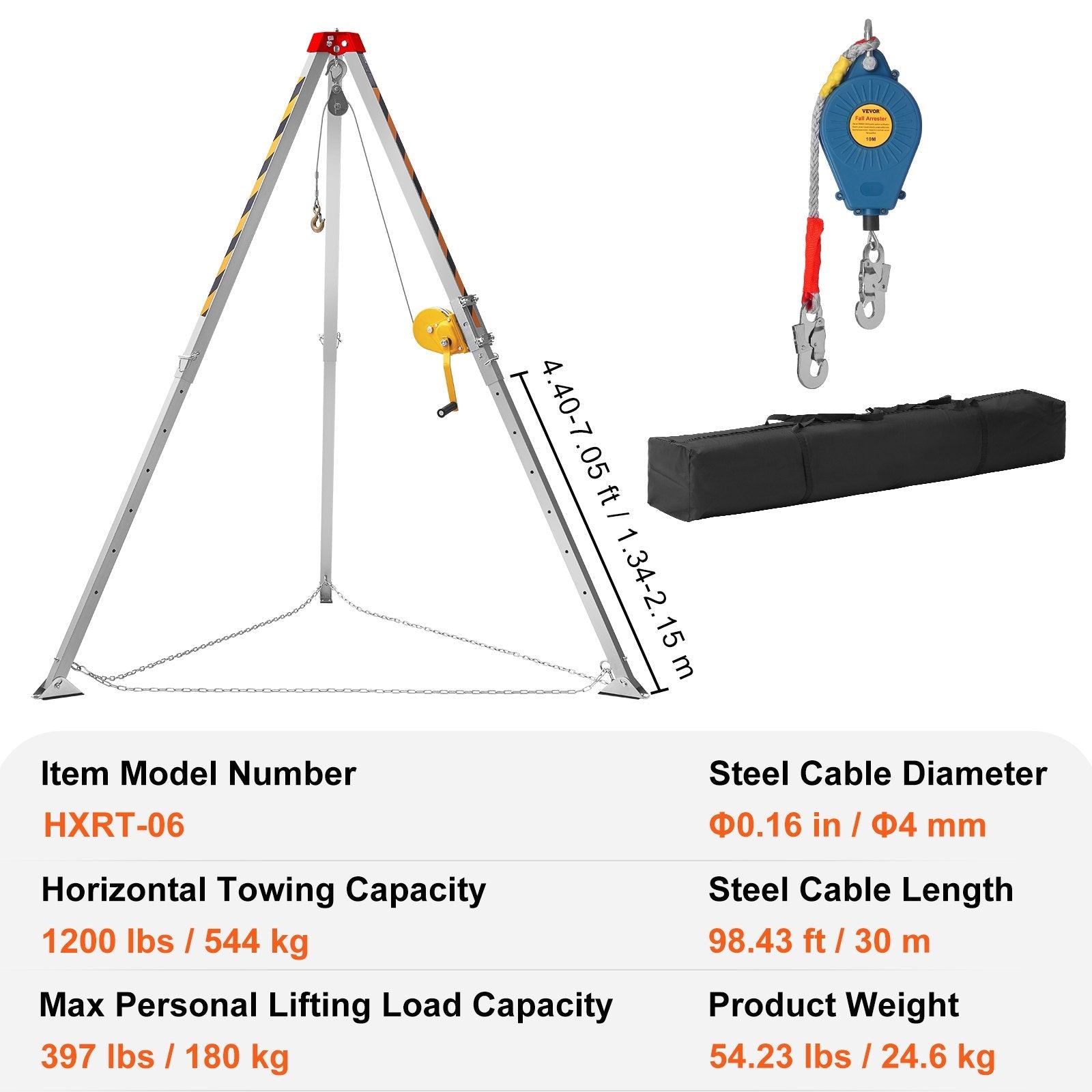 VEVOR Confined Space Tripod Kit, 1200 lbs Winch, Confined Space Tripod 7' Legs Bracket and 98' Cable, Confined Space Rescue Tripod 32.8' Fall Protection, Storage Bag for Traditional Confined Spaces 