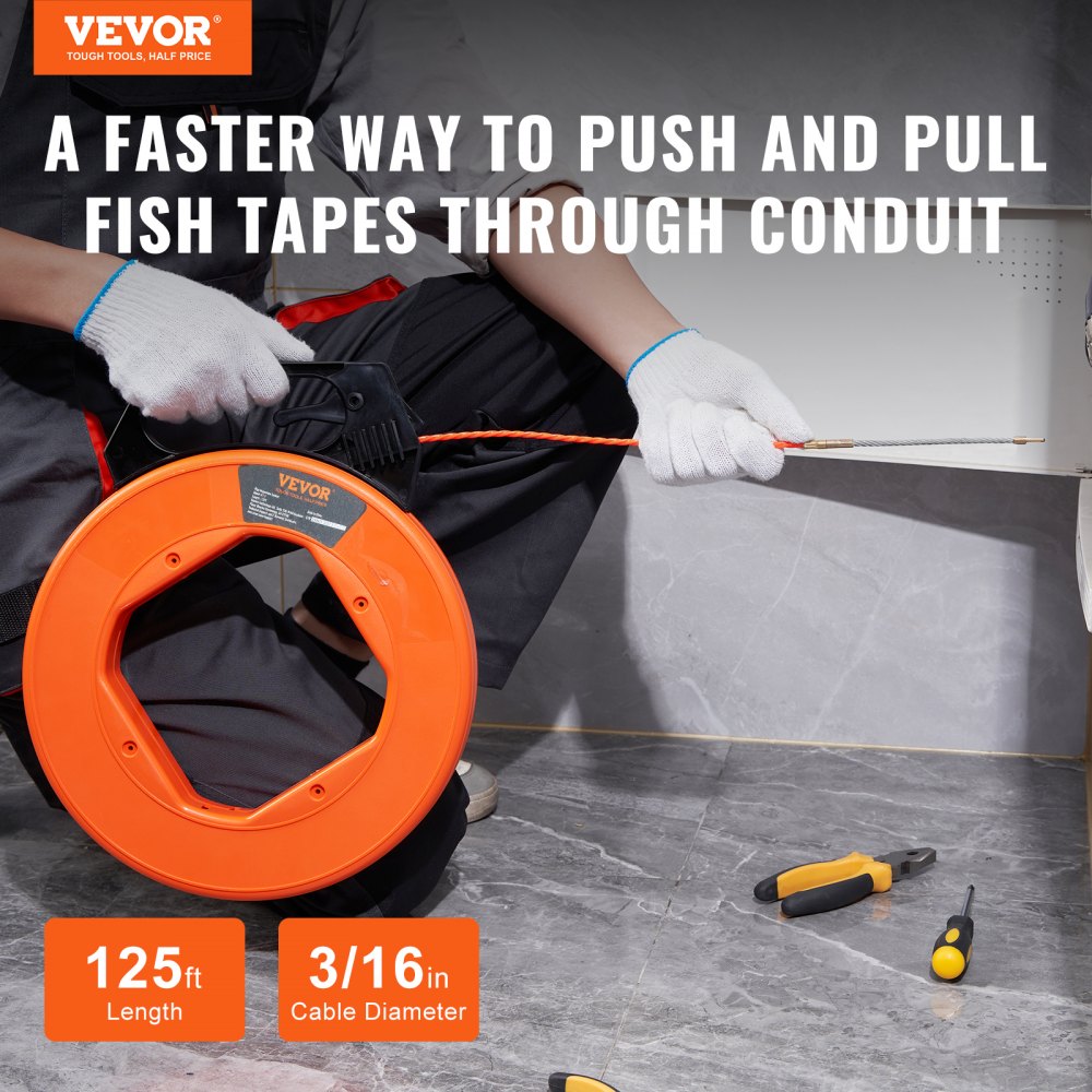 VEVOR Fish Tape, 125-foot, 3/16-inch, PET Wire Puller with Optimized Housing and Handle, Easy-to-Use Cable Puller Tool, Flexible Wire Fishing Tools for Walls and Electrical Conduit, Non-Conductive 