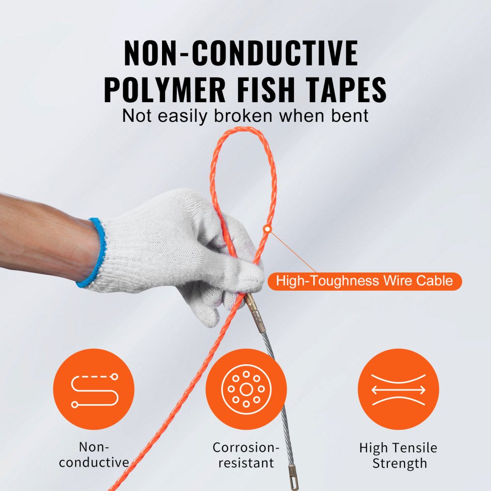 VEVOR Fish Tape, 125-foot, 3/16-inch, PET Wire Puller with Optimized Housing and Handle, Easy-to-Use Cable Puller Tool, Flexible Wire Fishing Tools for Walls and Electrical Conduit, Non-Conductive 
