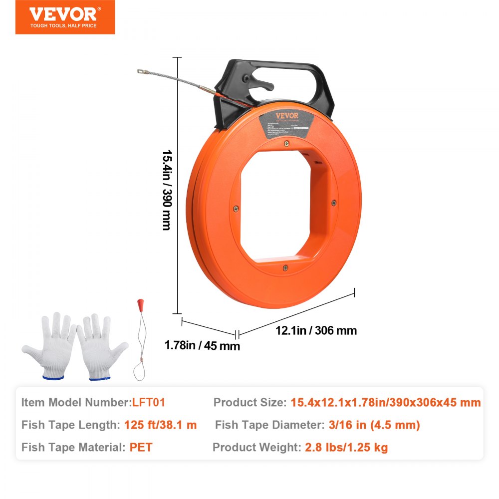 VEVOR Fish Tape, 125-foot, 3/16-inch, PET Wire Puller with Optimized Housing and Handle, Easy-to-Use Cable Puller Tool, Flexible Wire Fishing Tools for Walls and Electrical Conduit, Non-Conductive 
