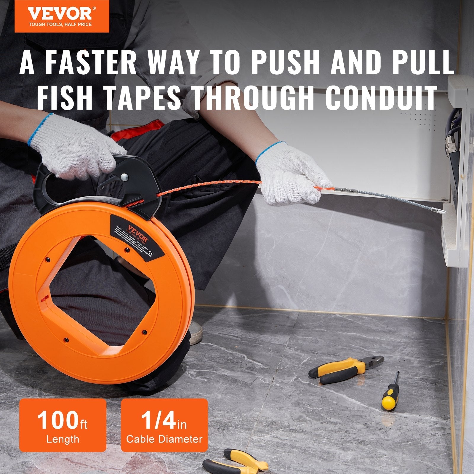 VEVOR Fish Tape Wire Cable Line Puller 100 ft 1/4 in PET with High Plastic Case 