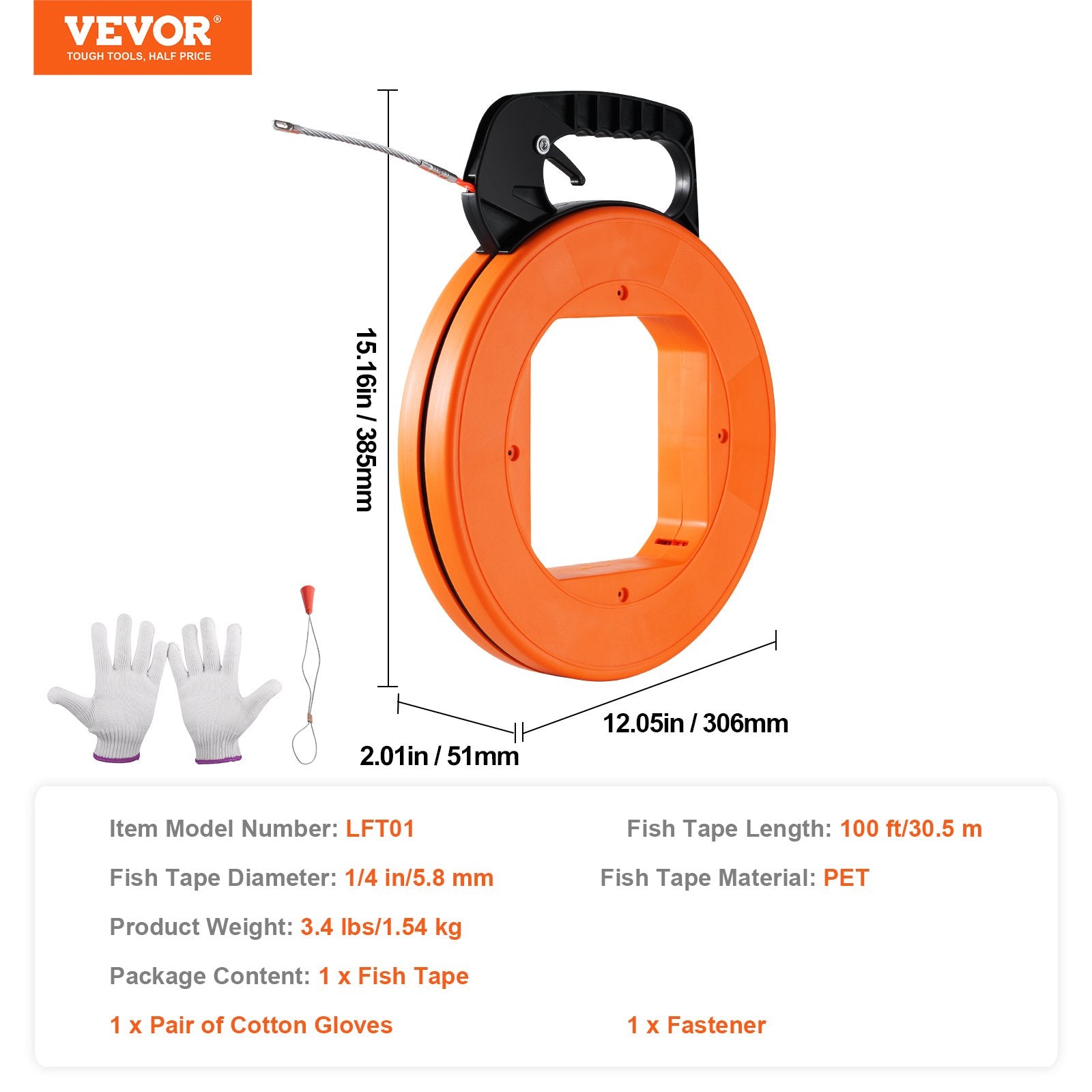 VEVOR Fish Tape Wire Cable Line Puller 100 ft 1/4 in PET with High Plastic Case 