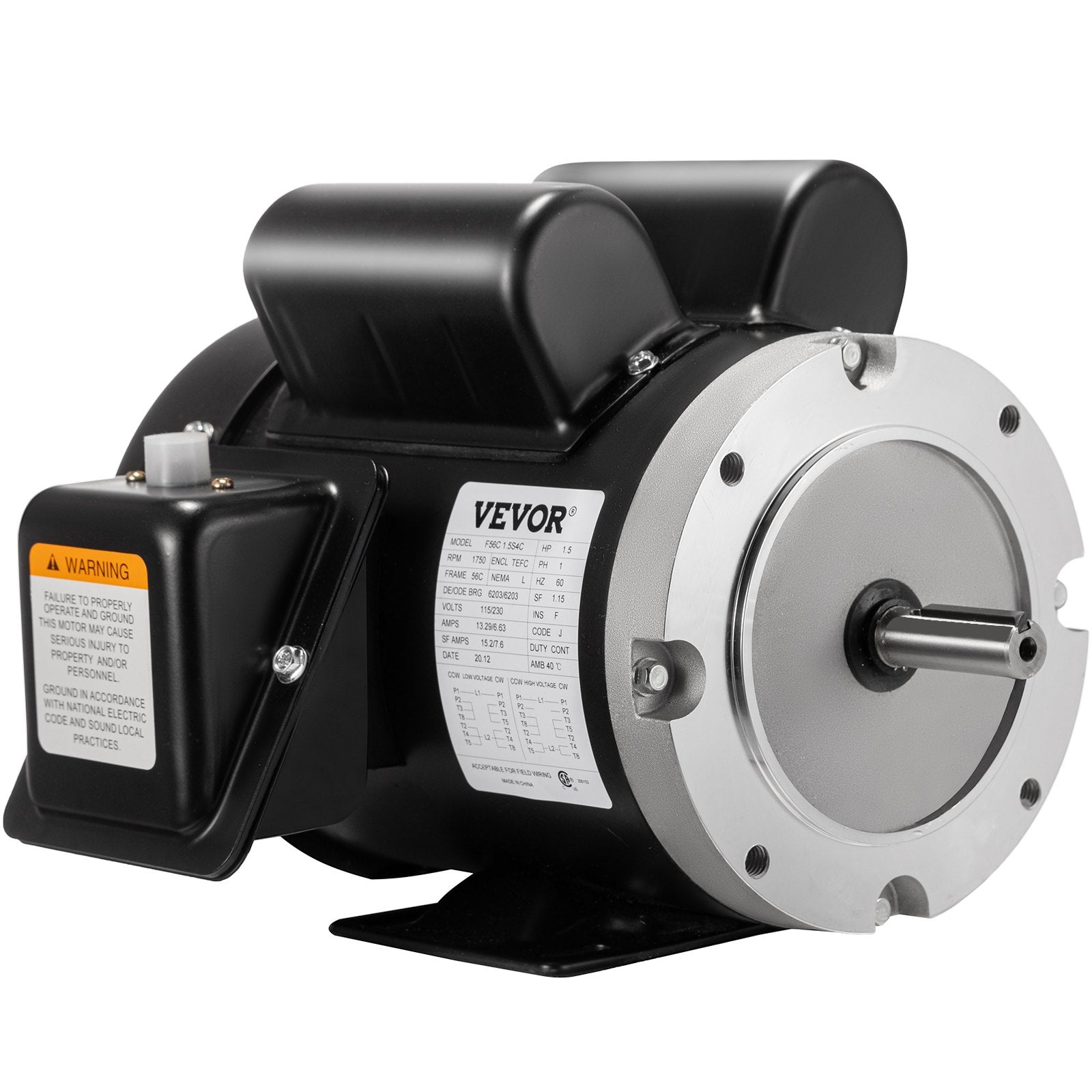 VEVOR 115V 230 V Electric Motor 56C Frame 1.5 hp Electric Motor 1725 RPM Single Phase Electric Motor 5/8 Inch Keyed Shaft for the Matching of Water Pumps 