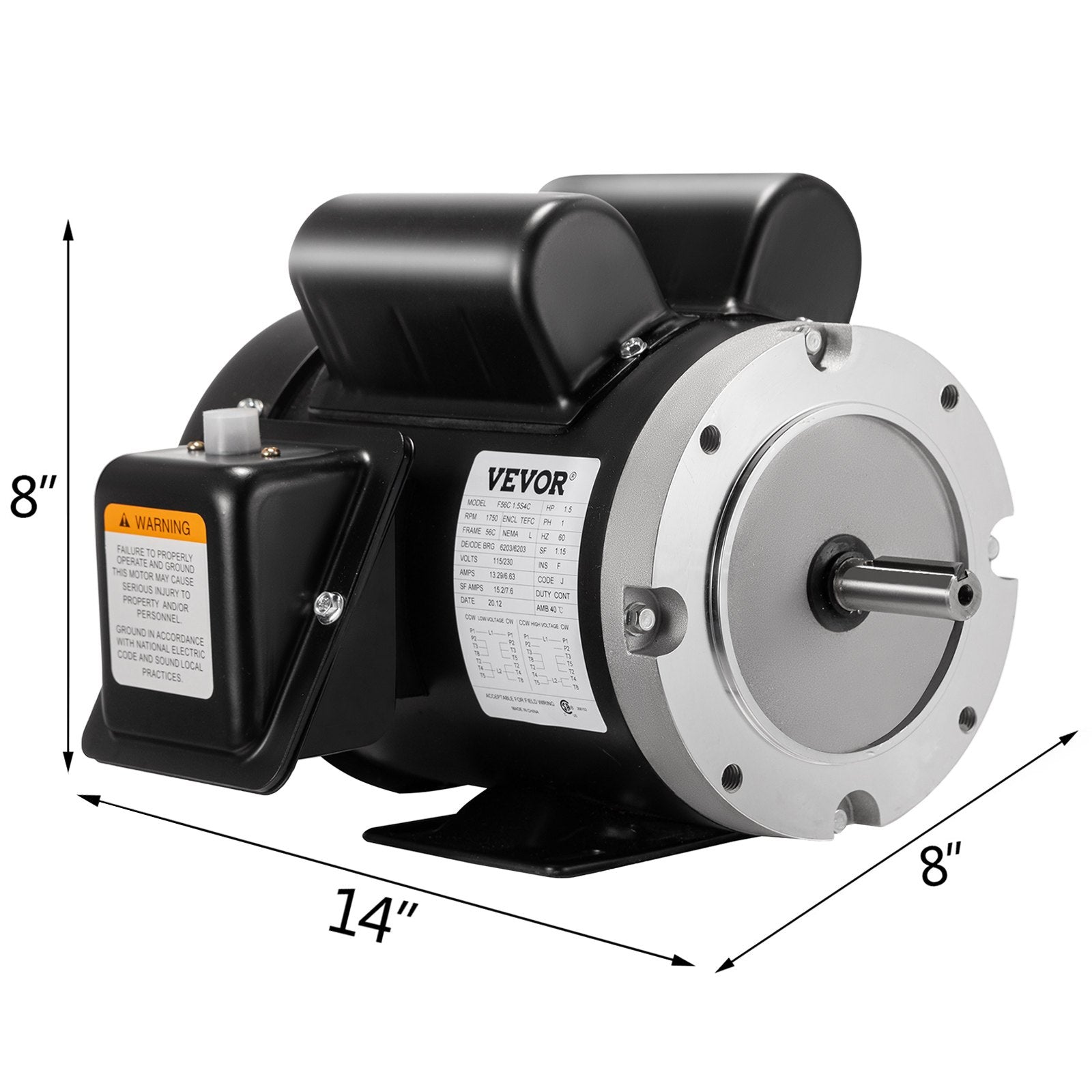 VEVOR 115V 230 V Electric Motor 56C Frame 1.5 hp Electric Motor 1725 RPM Single Phase Electric Motor 5/8 Inch Keyed Shaft for the Matching of Water Pumps 