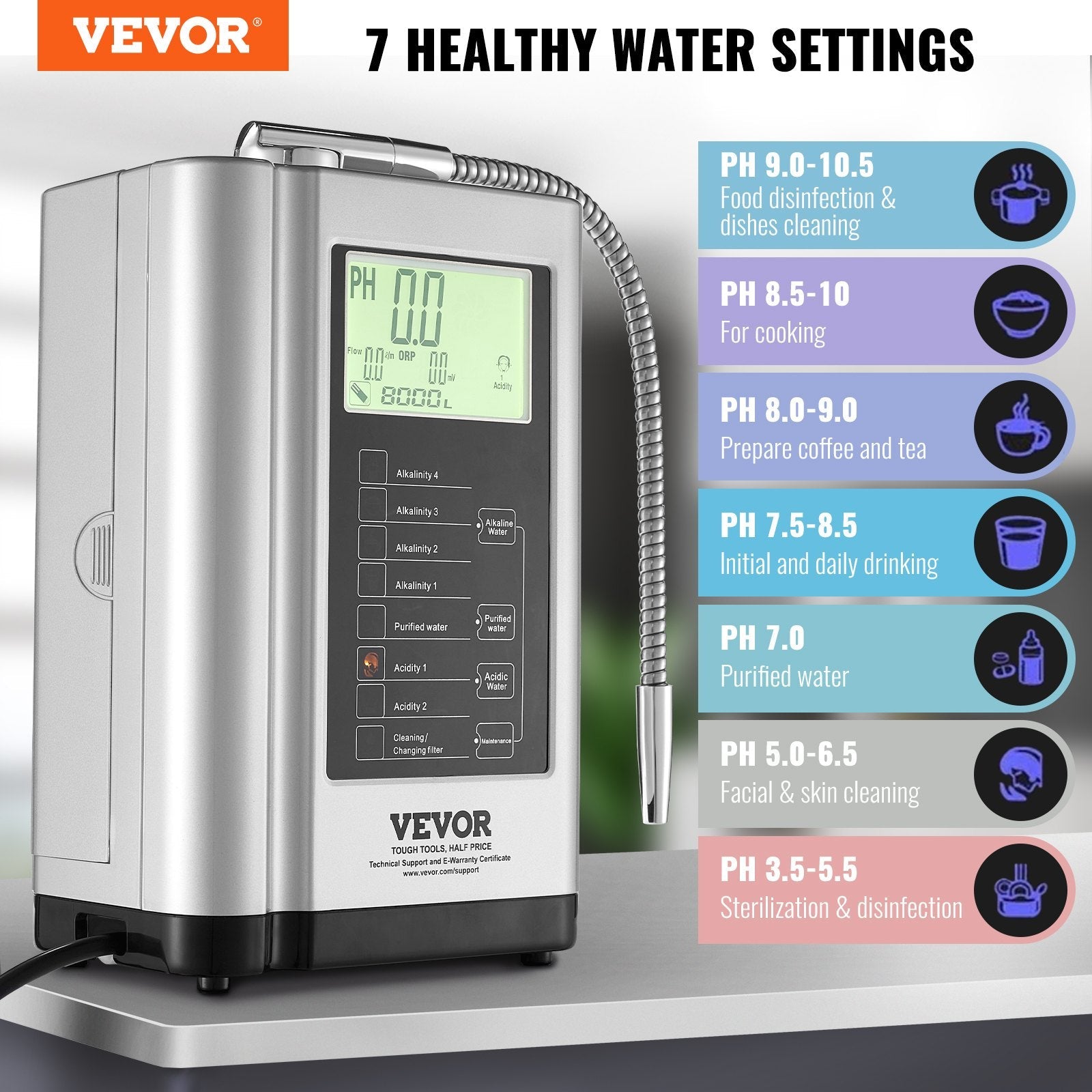 VEVOR Alkaline Water Ionizer Machine, pH 3.5-10.5 Alkaline Acidic Hydrogen Water Purifier, 7 Water Settings Home Filtration System, Up to -550mV ORP, 8000L Per Filter, Auto-Cleaning, White 