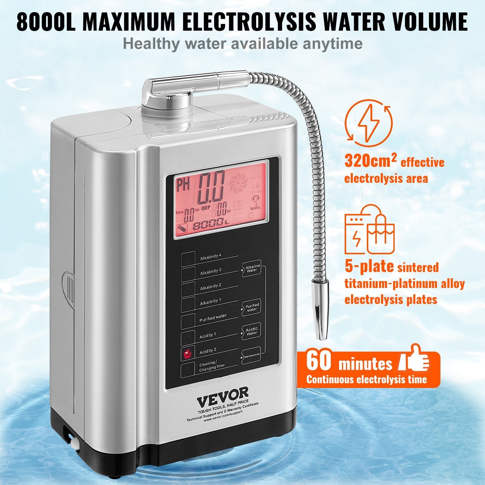 VEVOR Alkaline Water Ionizer Machine, pH 3.5-10.5 Alkaline Acidic Hydrogen Water Purifier, 7 Water Settings Home Filtration System, Up to -550mV ORP, 8000L Per Filter, Auto-Cleaning, White 
