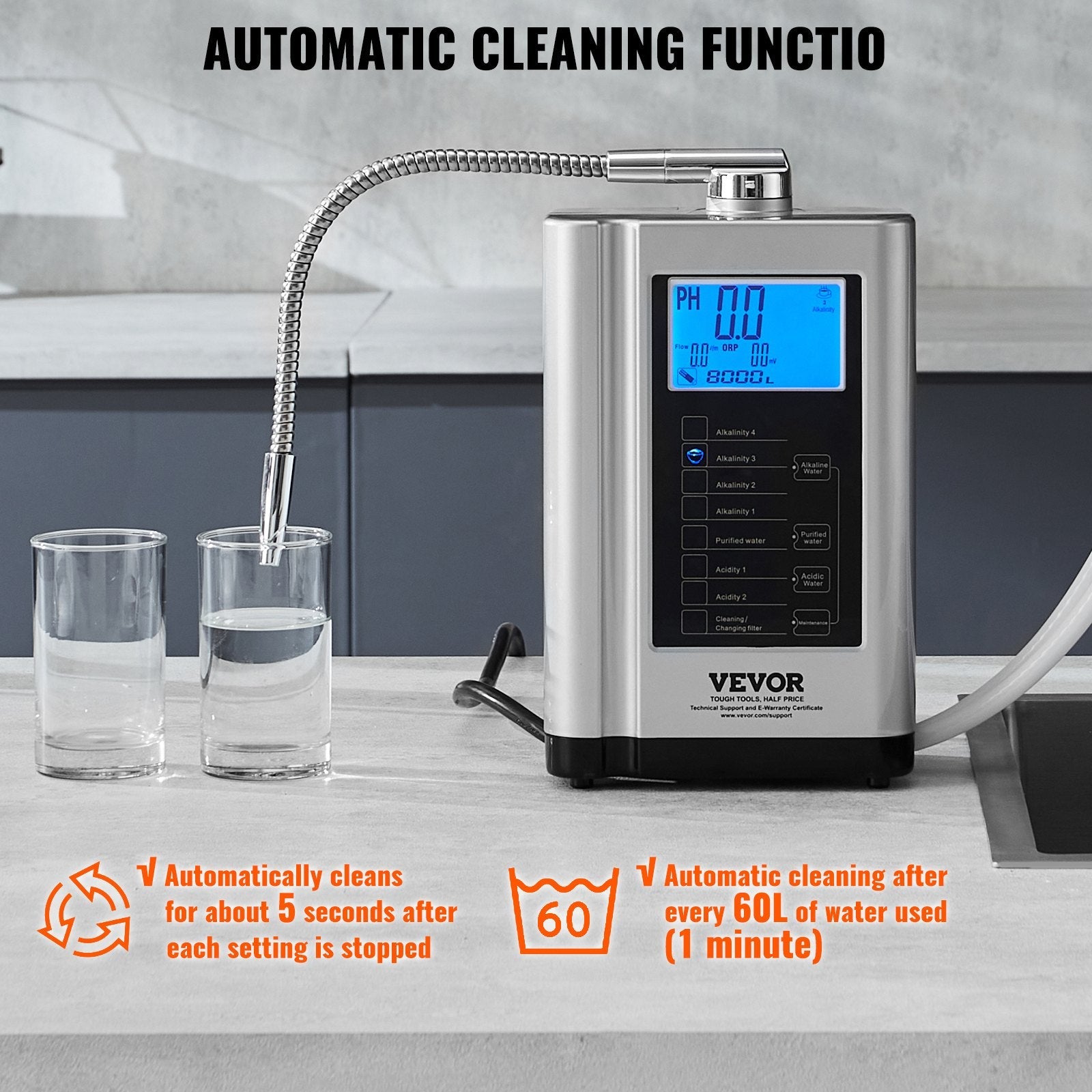 VEVOR Alkaline Water Ionizer Machine, pH 3.5-10.5 Alkaline Acidic Hydrogen Water Purifier, 7 Water Settings Home Filtration System, Up to -550mV ORP, 8000L Per Filter, Auto-Cleaning, White 