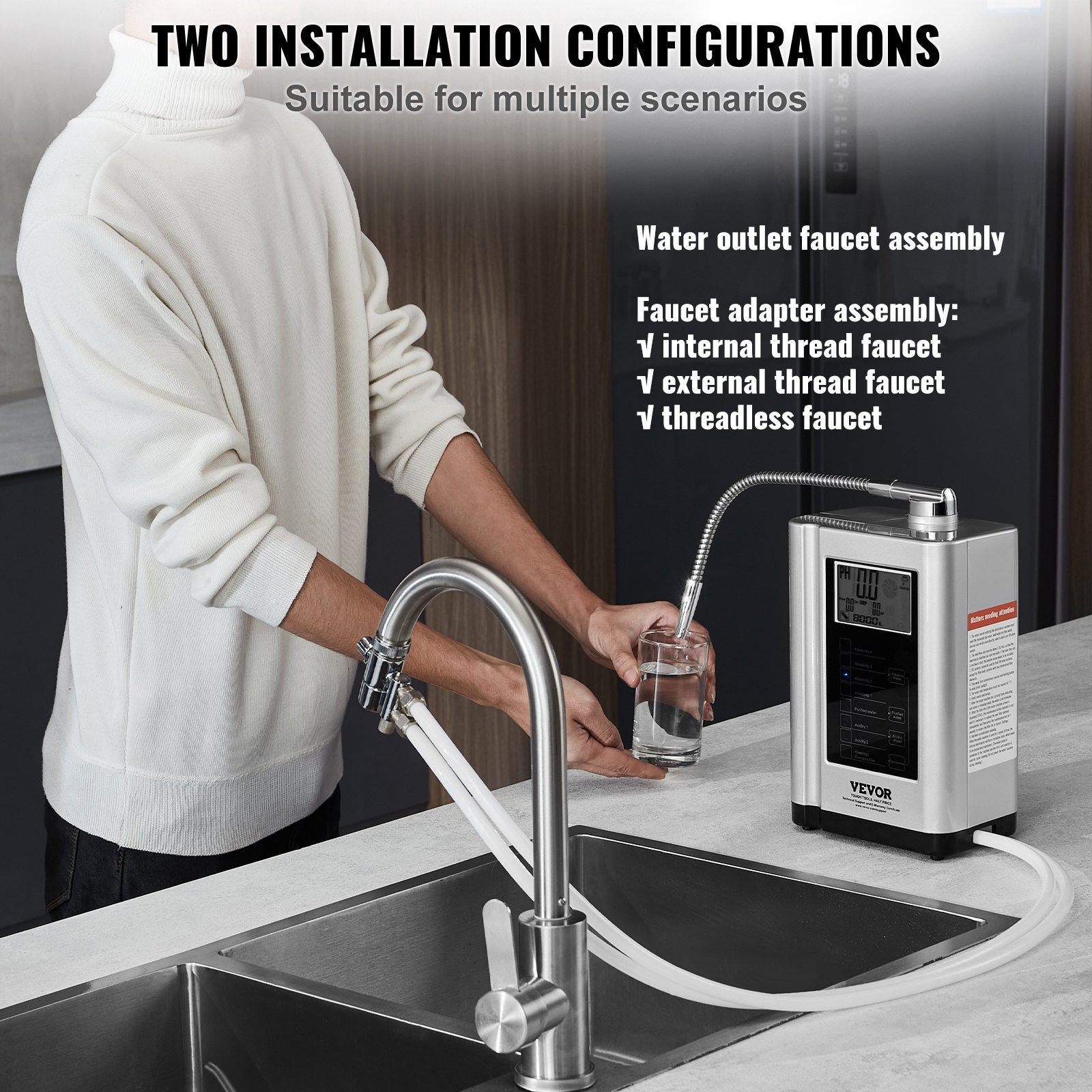VEVOR Alkaline Water Ionizer Machine, pH 3.5-10.5 Alkaline Acidic Hydrogen Water Purifier, 7 Water Settings Home Filtration System, Up to -550mV ORP, 8000L Per Filter, Auto-Cleaning, White 