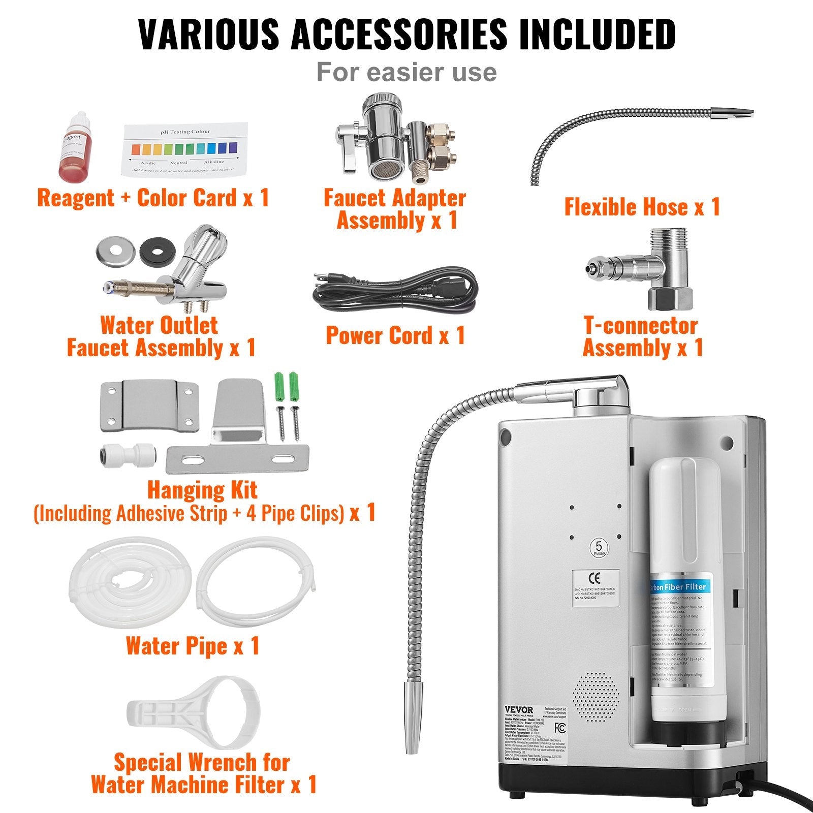 VEVOR Alkaline Water Ionizer Machine, pH 3.5-10.5 Alkaline Acidic Hydrogen Water Purifier, 7 Water Settings Home Filtration System, Up to -550mV ORP, 8000L Per Filter, Auto-Cleaning, White 