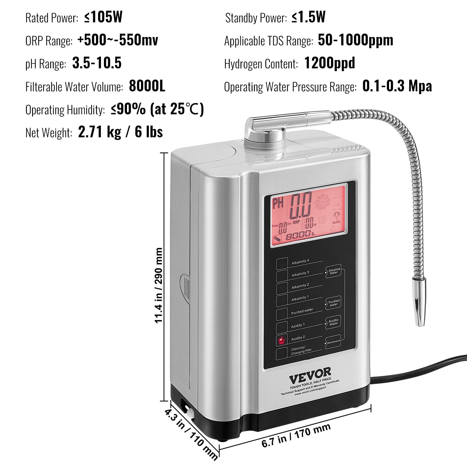 VEVOR Alkaline Water Ionizer Machine, pH 3.5-10.5 Alkaline Acidic Hydrogen Water Purifier, 7 Water Settings Home Filtration System, Up to -550mV ORP, 8000L Per Filter, Auto-Cleaning, White 
