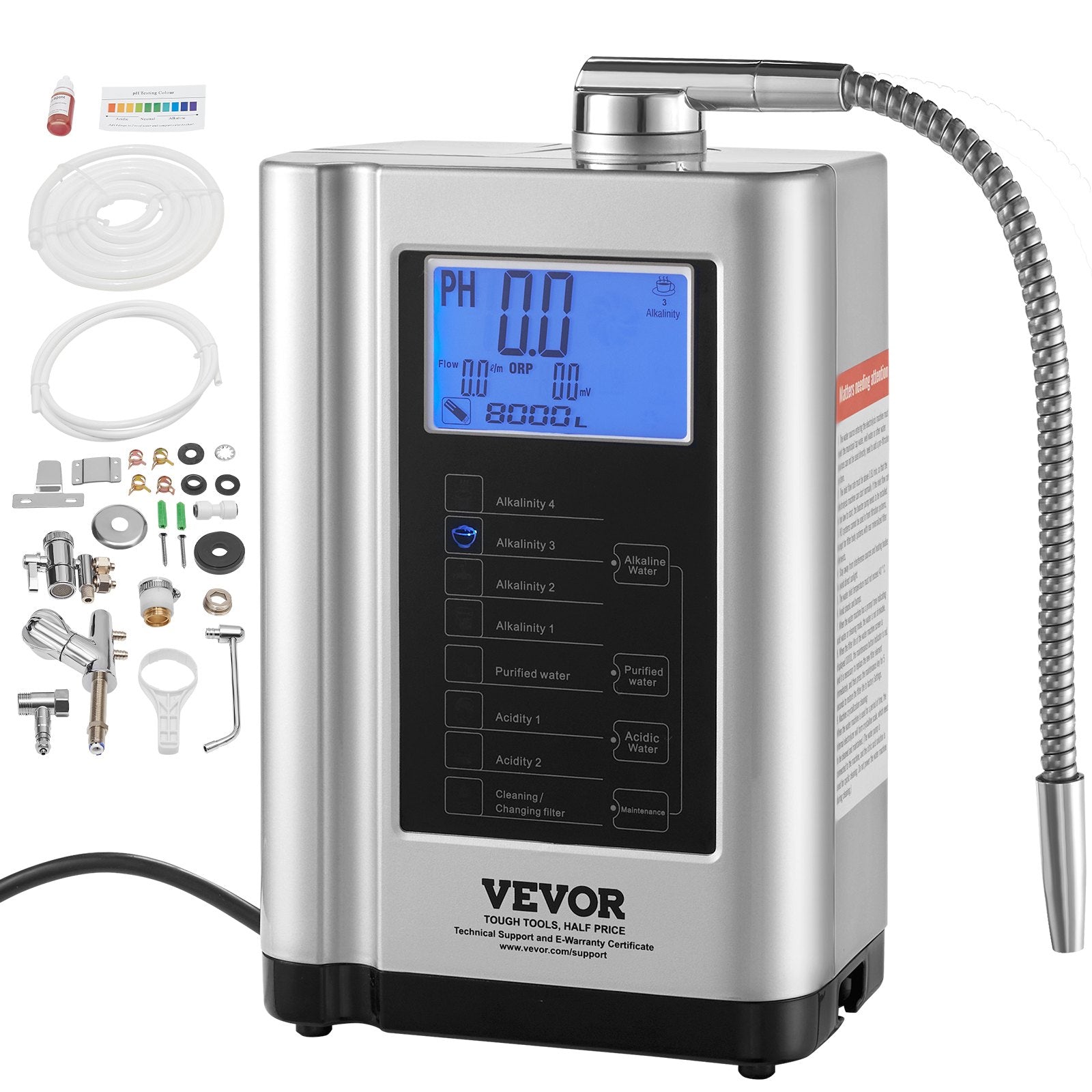VEVOR Alkaline Water Ionizer Machine, pH 3.5-10.5 Alkaline Acidic Hydrogen Water Purifier, 7 Water Settings Home Filtration System, Up to -550mV ORP, 8000L Per Filter, Auto-Cleaning, White 