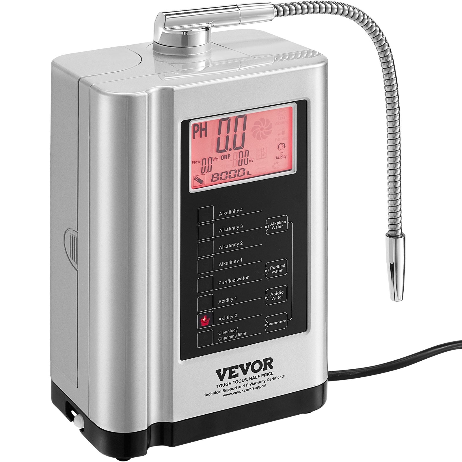 VEVOR Alkaline Water Ionizer Machine, pH 3.5-10.5 Alkaline Acidic Hydrogen Water Purifier, 7 Water Settings Home Filtration System, Up to -550mV ORP, 8000L Per Filter, Auto-Cleaning, White 