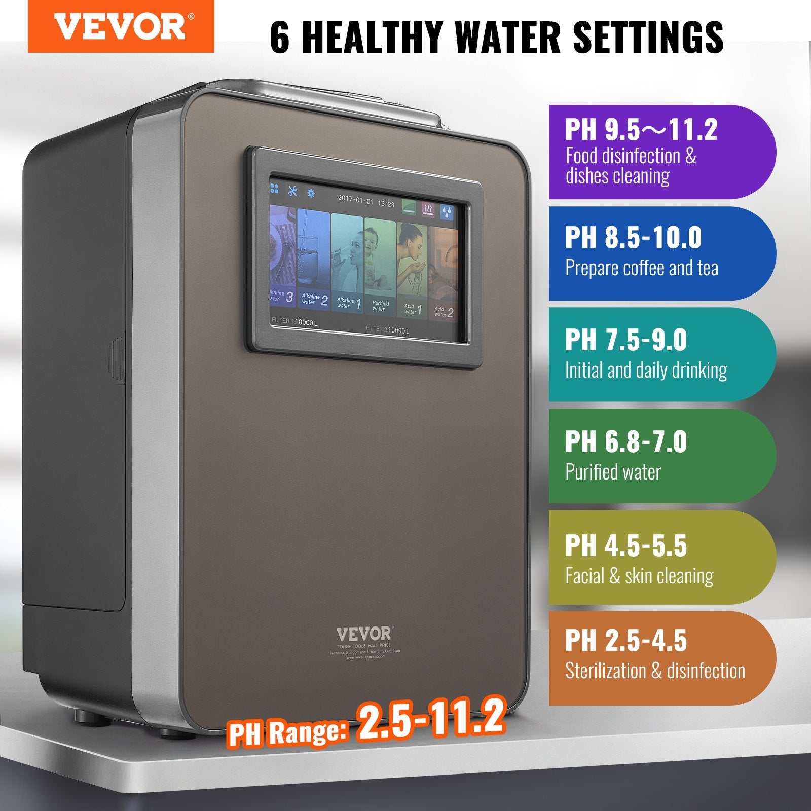 VEVOR Alkaline Water Ionizer Machine, pH 2.5-11.2 Alkaline Acidic Hydrogen Water Purifier, 6 Water Settings Home Filtration System, Up to -850mV ORP, 10000L Per Filter, UV Function, Water Heating 