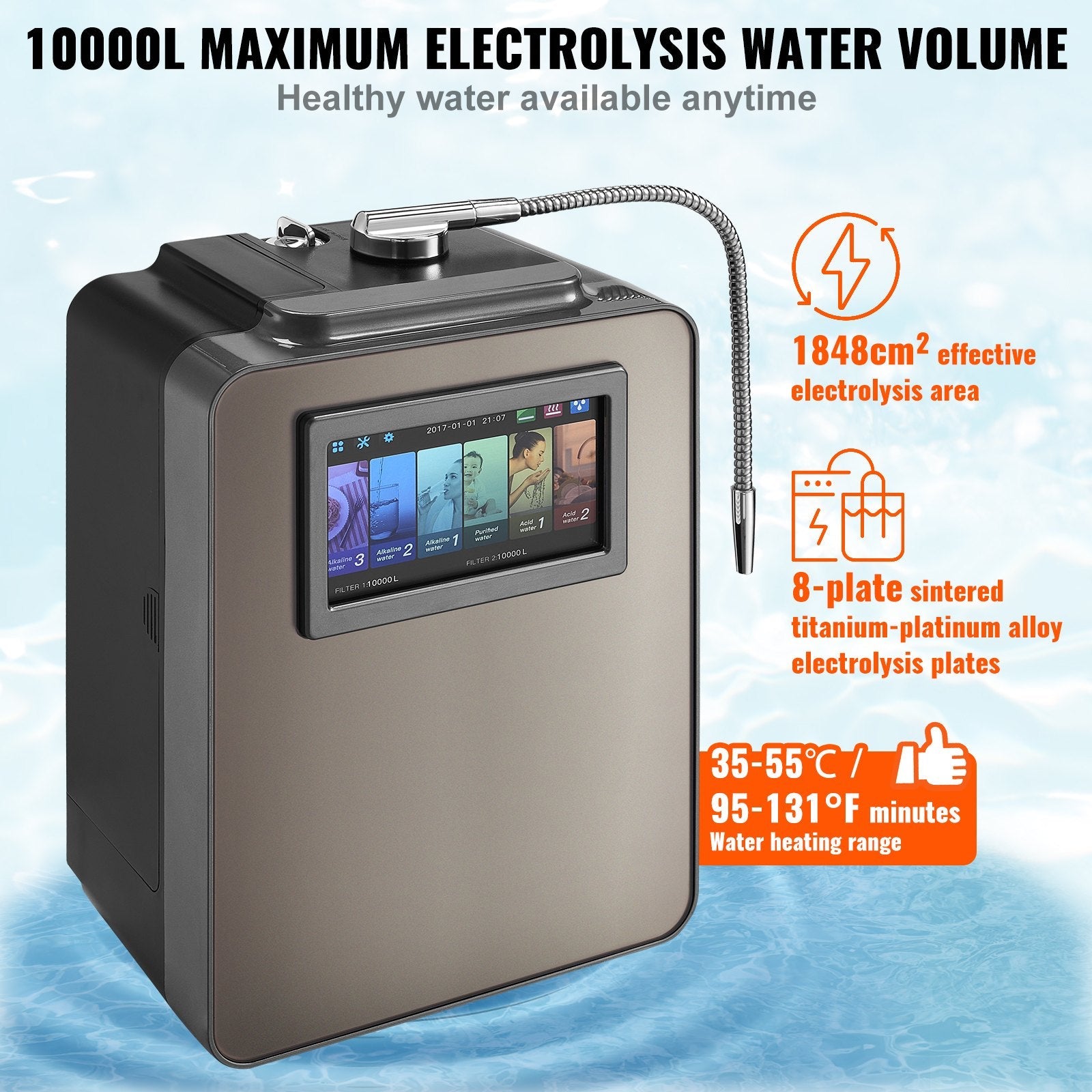 VEVOR Alkaline Water Ionizer Machine, pH 2.5-11.2 Alkaline Acidic Hydrogen Water Purifier, 6 Water Settings Home Filtration System, Up to -850mV ORP, 10000L Per Filter, UV Function, Water Heating 