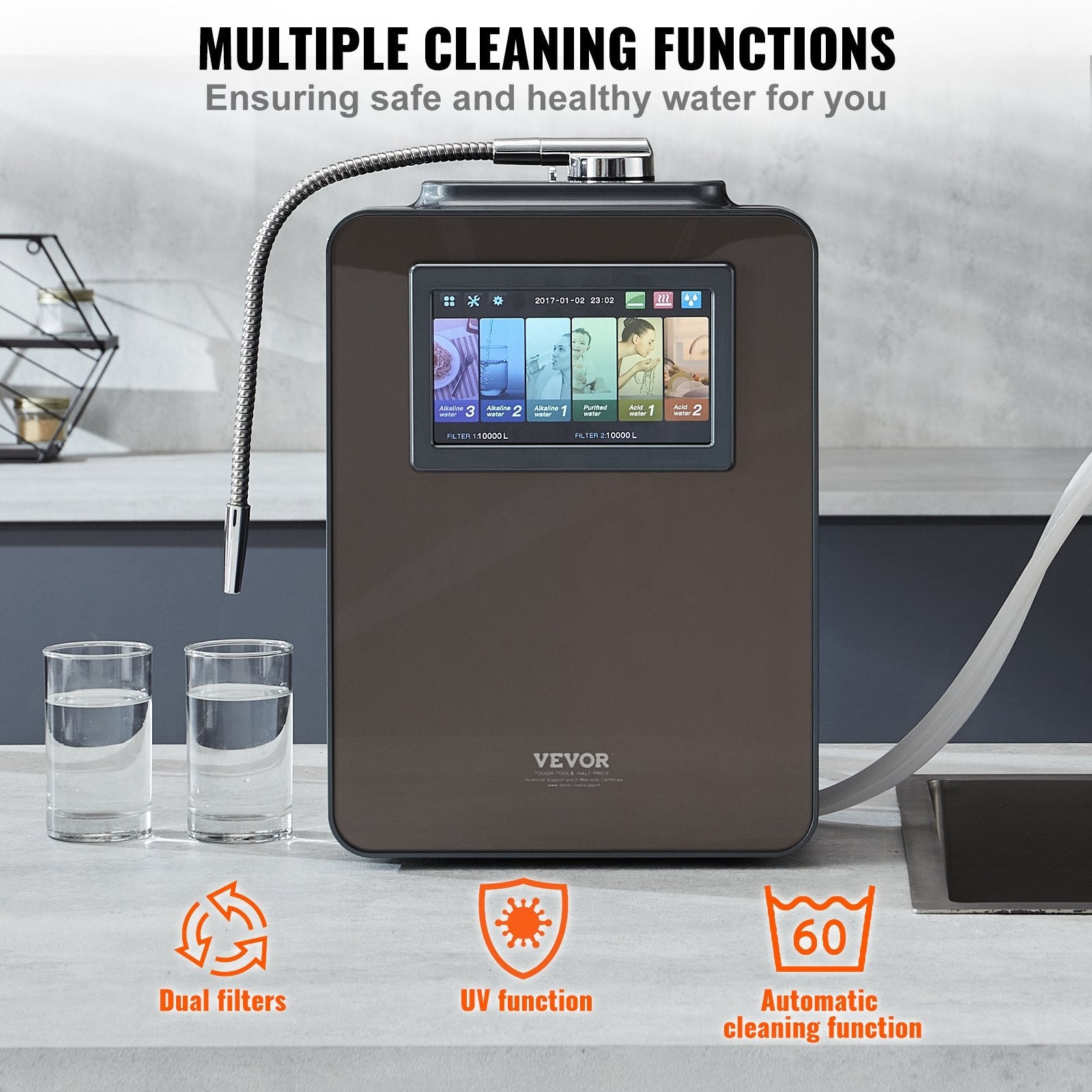VEVOR Alkaline Water Ionizer Machine, pH 2.5-11.2 Alkaline Acidic Hydrogen Water Purifier, 6 Water Settings Home Filtration System, Up to -850mV ORP, 10000L Per Filter, UV Function, Water Heating 