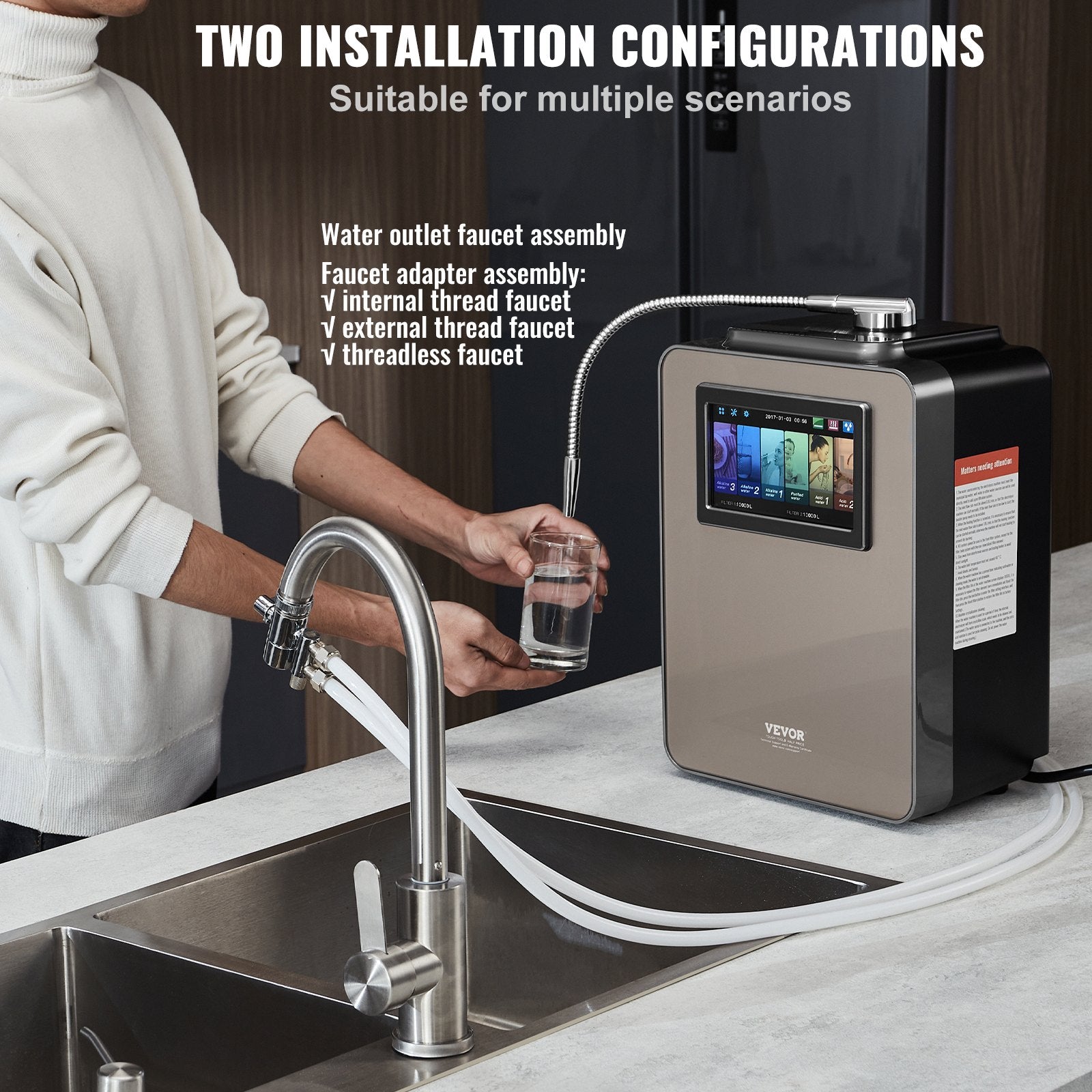 VEVOR Alkaline Water Ionizer Machine, pH 2.5-11.2 Alkaline Acidic Hydrogen Water Purifier, 6 Water Settings Home Filtration System, Up to -850mV ORP, 10000L Per Filter, UV Function, Water Heating 