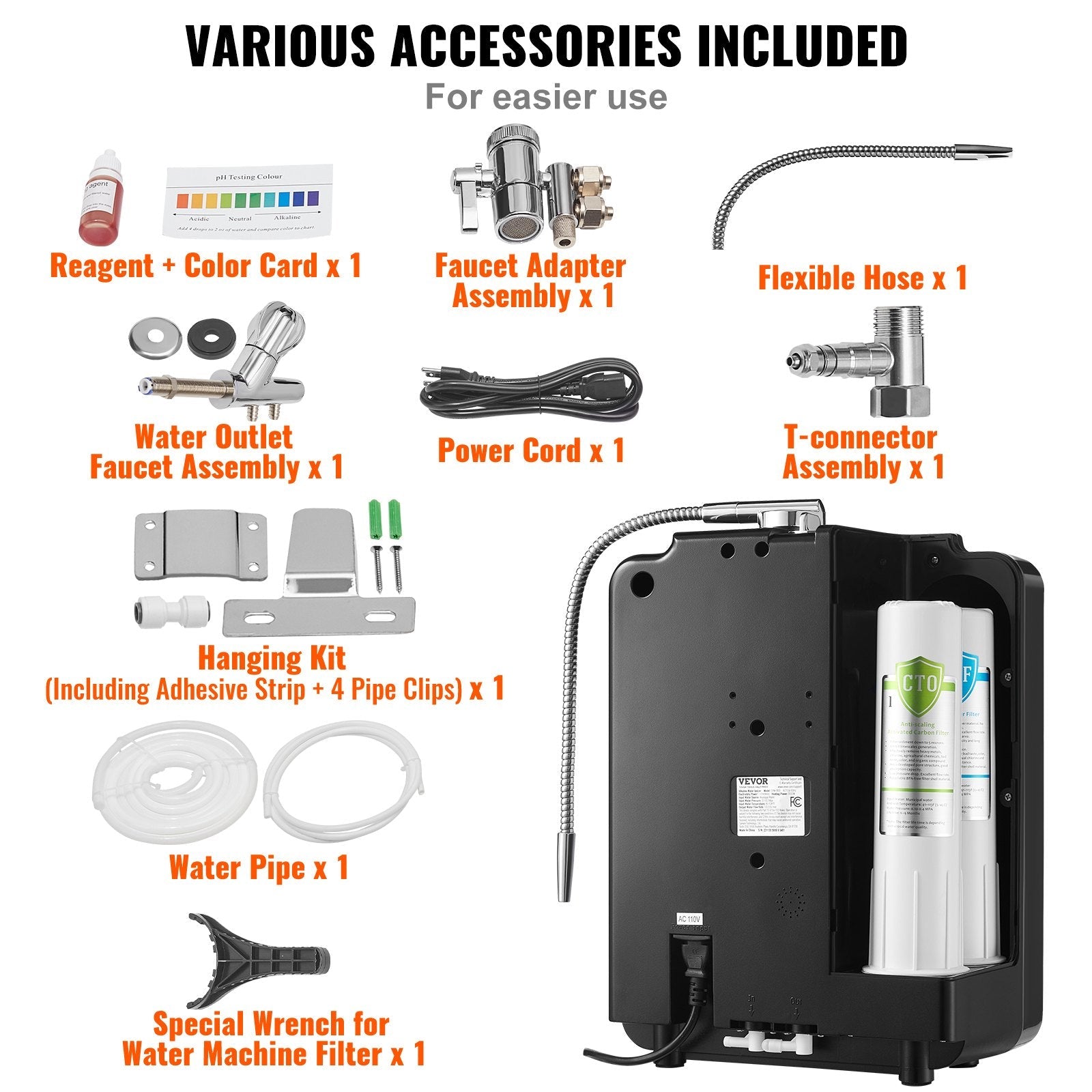 VEVOR Alkaline Water Ionizer Machine, pH 2.5-11.2 Alkaline Acidic Hydrogen Water Purifier, 6 Water Settings Home Filtration System, Up to -850mV ORP, 10000L Per Filter, UV Function, Water Heating 