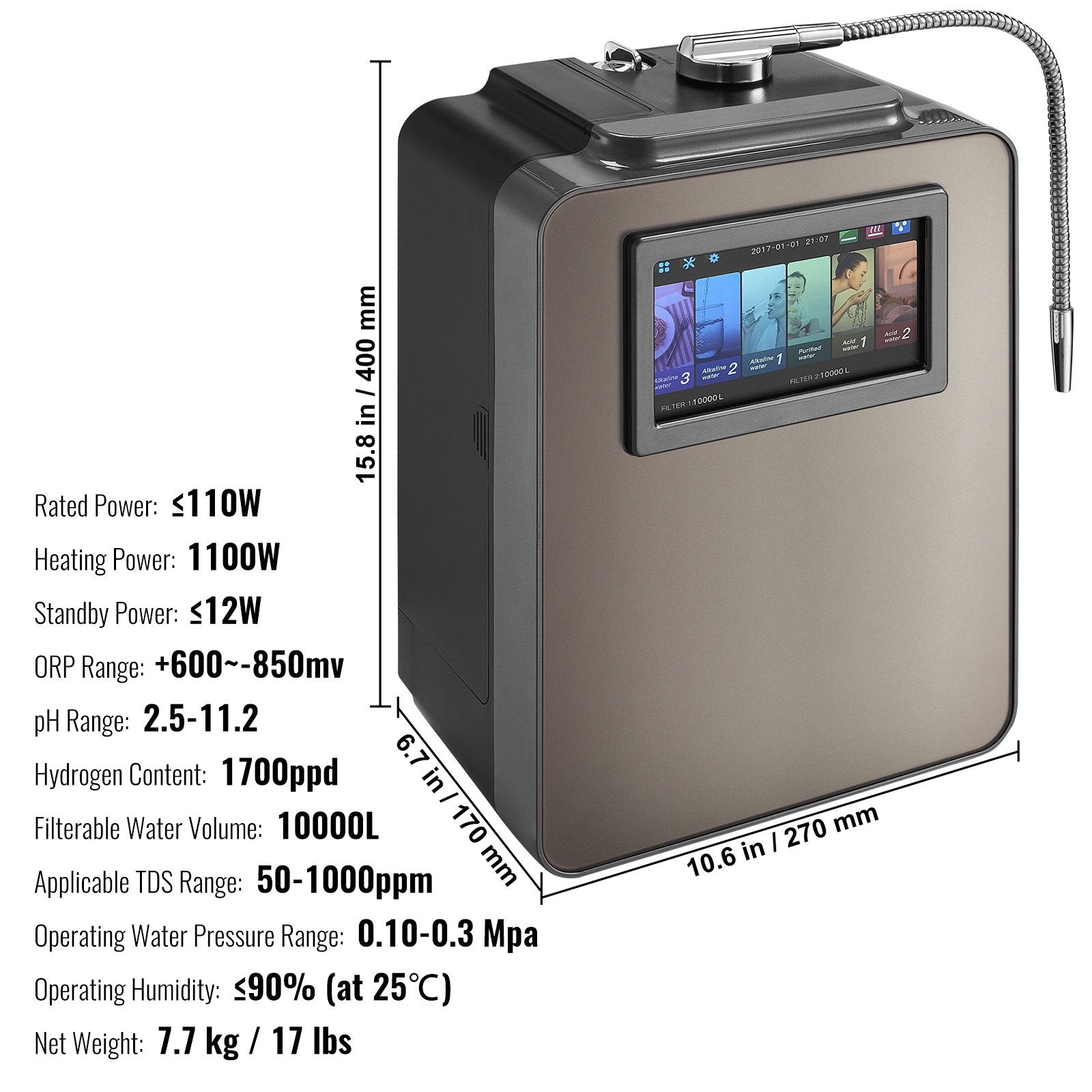 VEVOR Alkaline Water Ionizer Machine, pH 2.5-11.2 Alkaline Acidic Hydrogen Water Purifier, 6 Water Settings Home Filtration System, Up to -850mV ORP, 10000L Per Filter, UV Function, Water Heating 